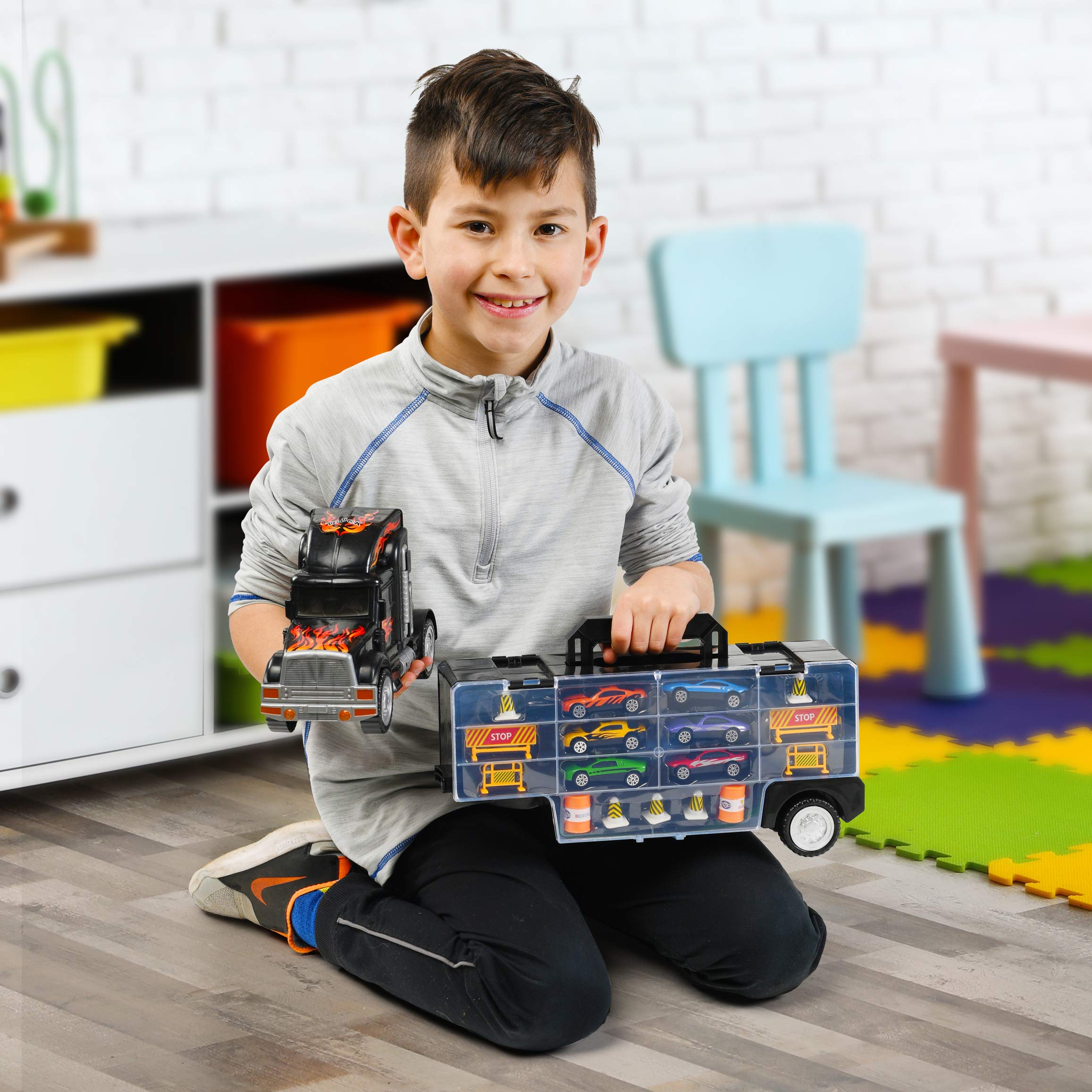 Play22 17-in-1 Semi Truck Toy Set with 6 Cars & 11 Accessories - Best Gift for Boys Ages 3-5 | Durable Transport Carrier for Kids, Perfect for Birthday Gifts & Pretend Play Scenarios