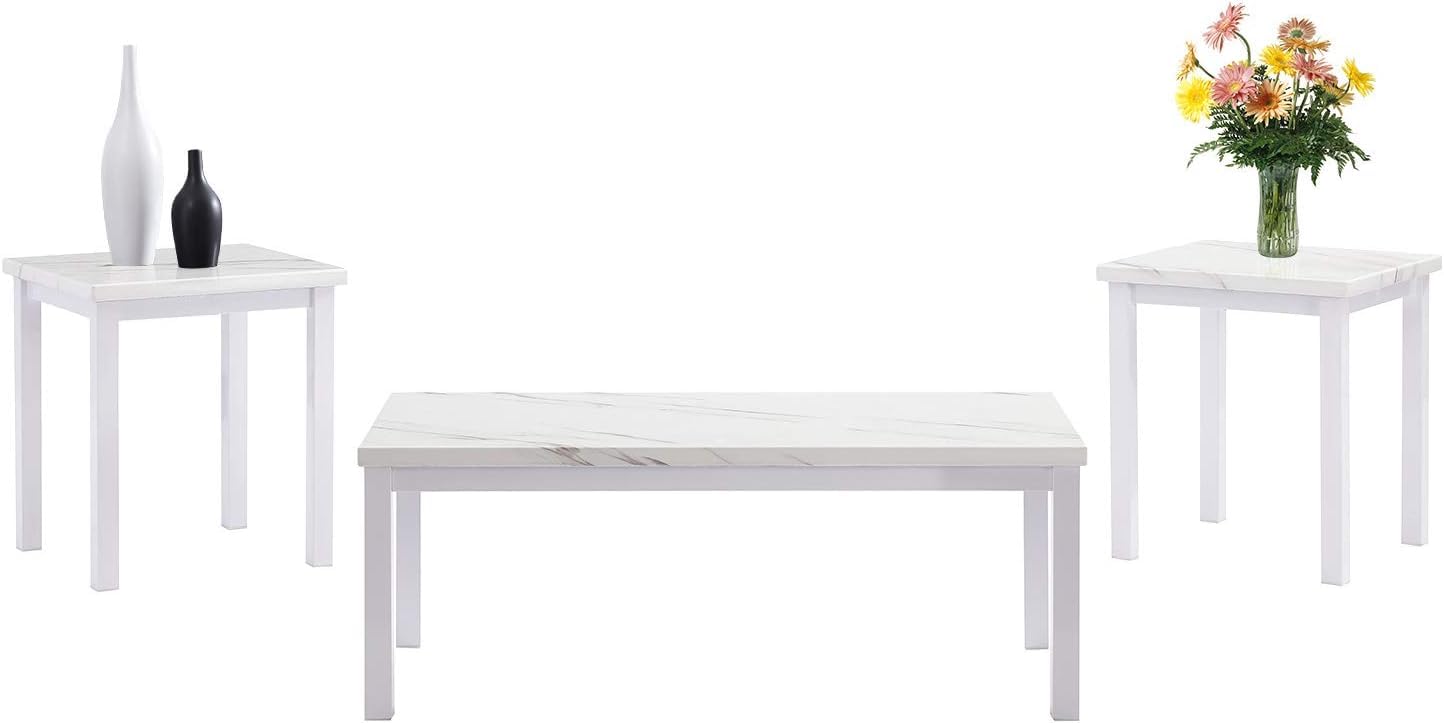 Recaceik 3-Piece Coffee Table Set with Faux Marble Top & Metal Frame - Modern Living Room Furniture in White (42.12x20.07x16.34 inches) - Perfect for Small Spaces, Apartments & Cozy Home Decor