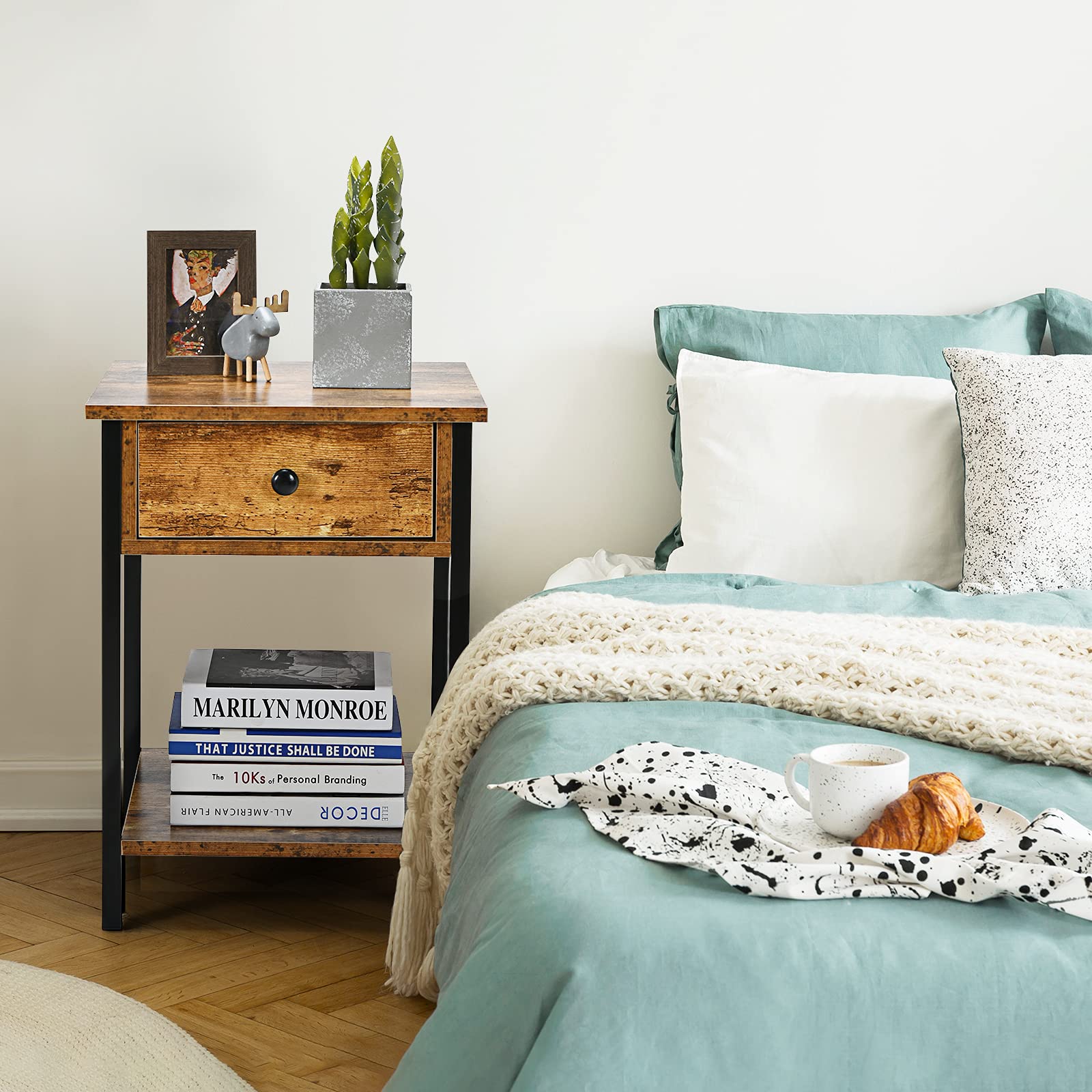 Giantex Industrial Nightstand Set of 2 - 2-Tier End Tables with Storage Drawer & Shelf, Metal Frame Bedside Tables with Wooden Top for Bedroom & Living Room - Easy Assembly Rustic Brown - Perfect for Small Spaces & Apartment Decor