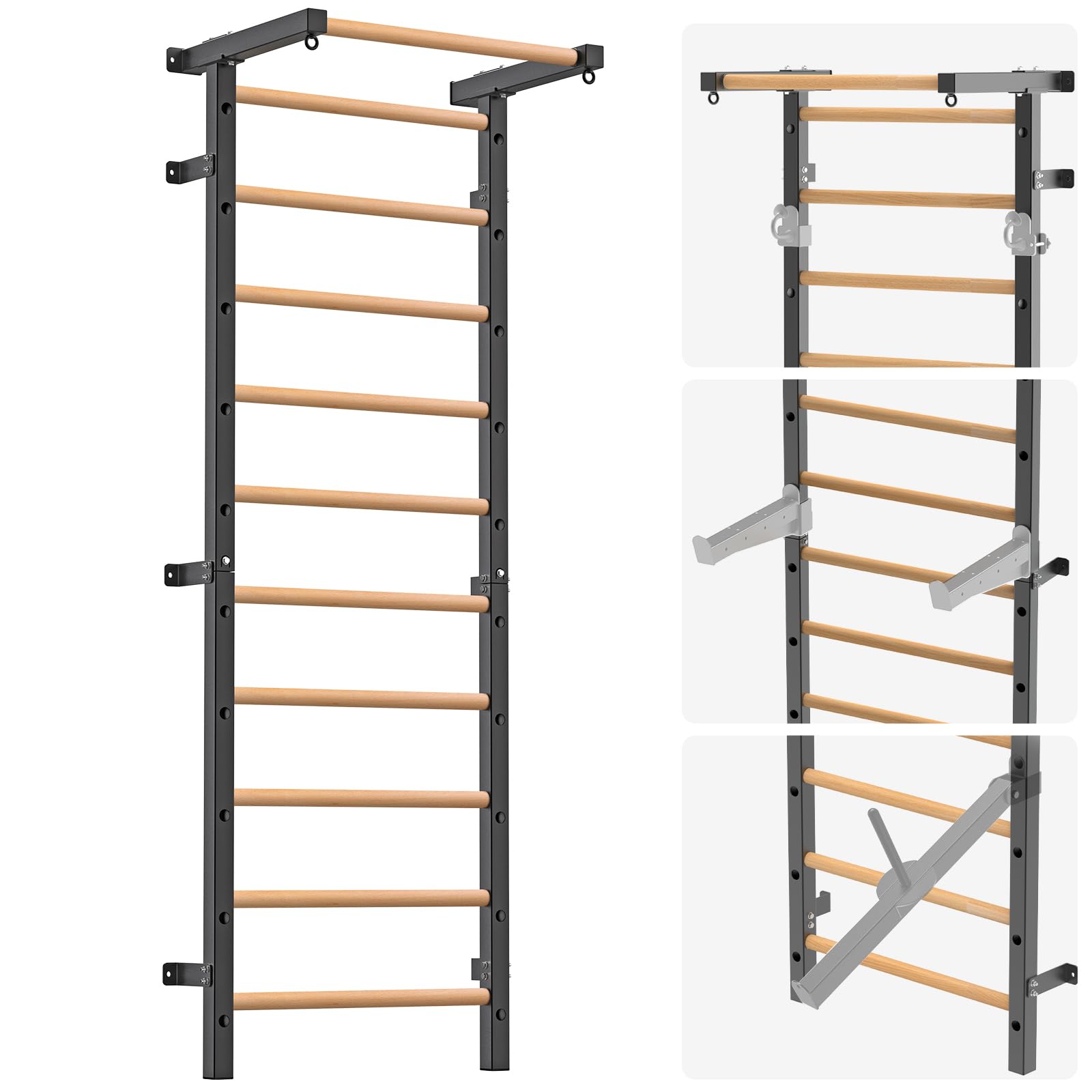 Premium Wood Stall Bar & Swedish Ladder with Pull-Up Bar - 11 Adjustable Strategic Rods for Full-Body Workout - Wall Mounted Suspension Trainer for Home Gym, School, Clinic & CrossFit Training - Perfect for Strength Training, Physical Therapy & Functional Fitness Exercises