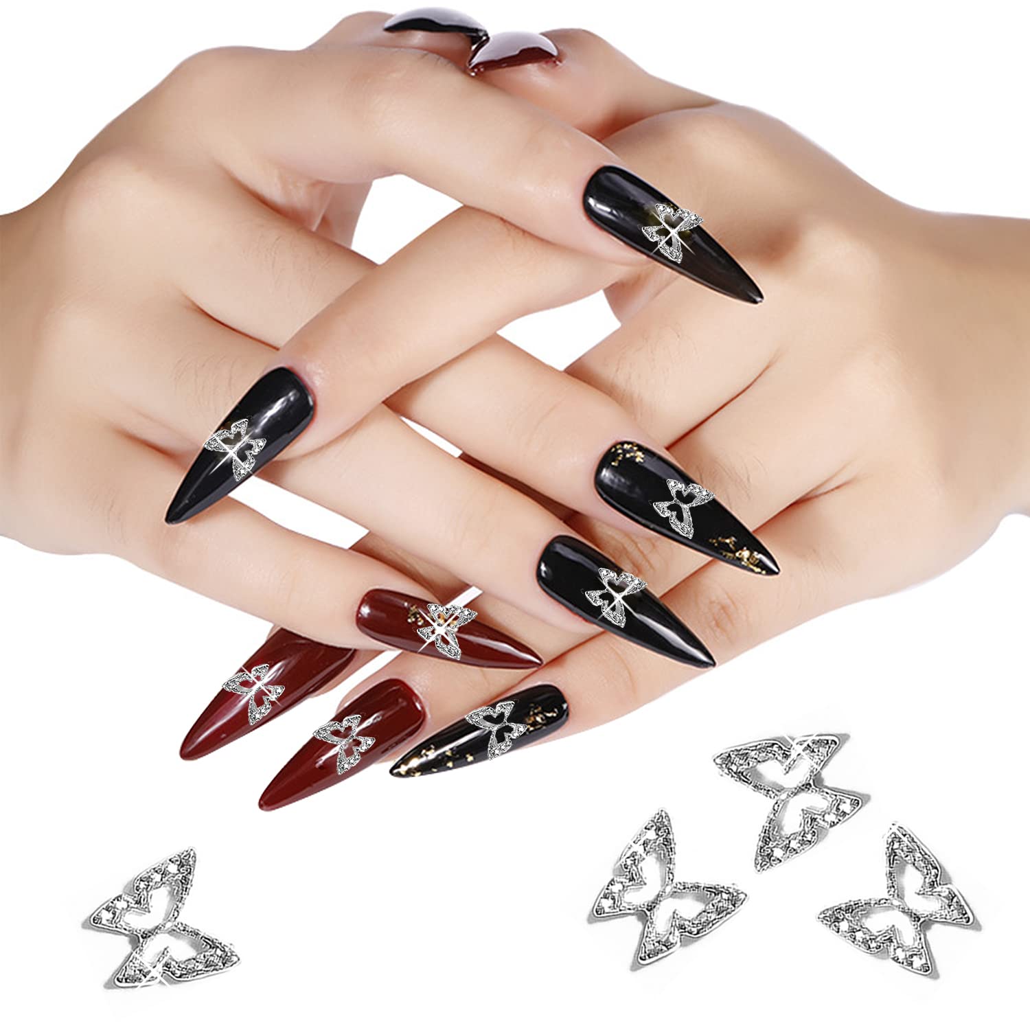 JERCLITY 100Pcs 3D Silver Butterfly Nail Charms - Metal Nail Art Decorations for Acrylic Nails, Manicure, Gel Polish & DIY Nail Designs - Perfect for Parties, Weddings, and Special Occasions