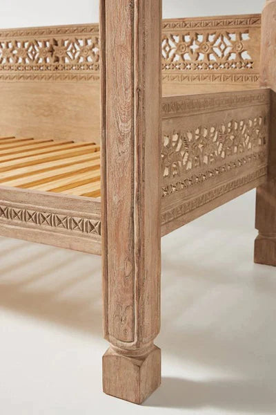 Hand Carved Canopy Style Solid Wooden Daybed - Rustic Wood Bed Frame for Patio, Porch, or Bedroom - Perfect for Outdoor Lounging & Indoor Relaxation