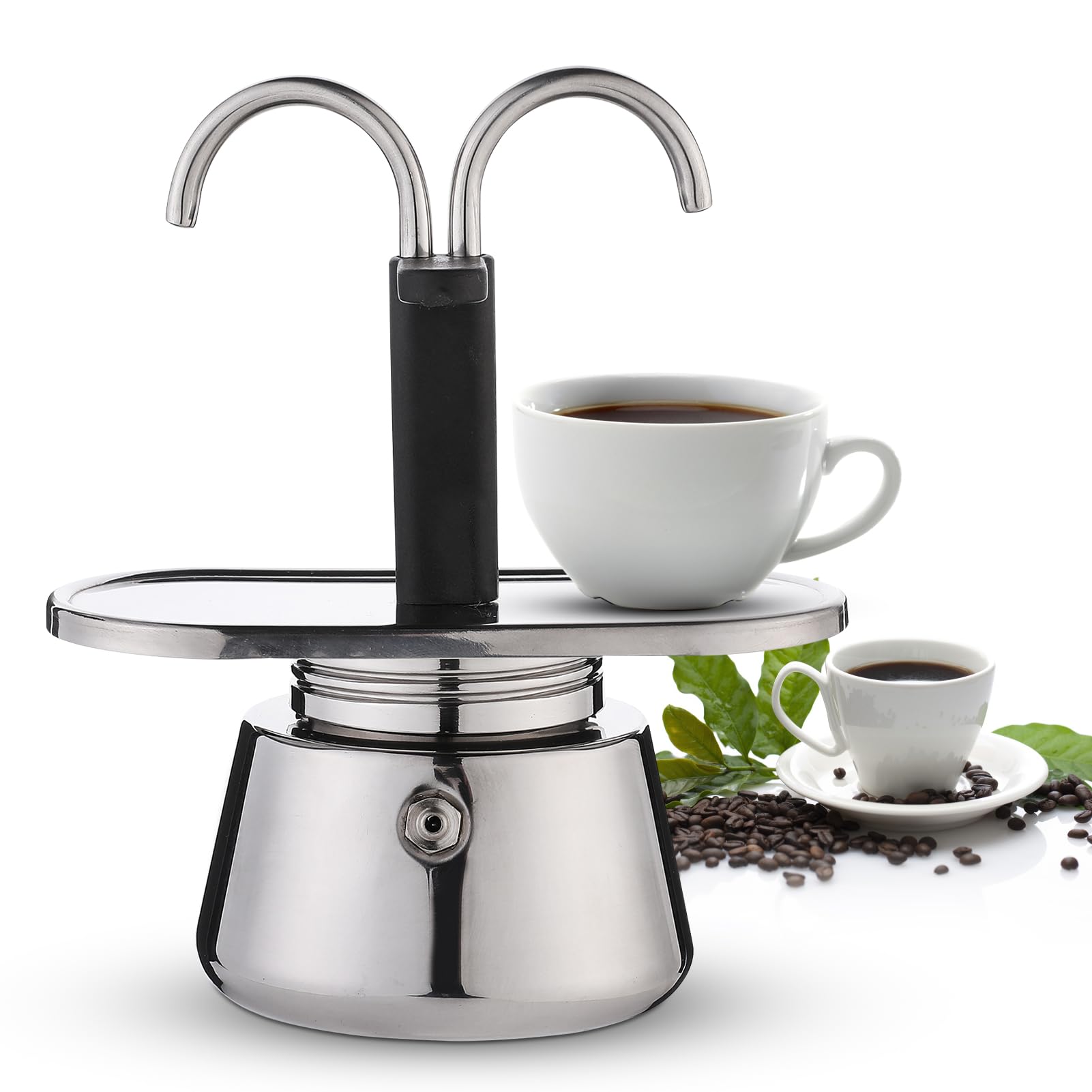 Pilipane Stainless Steel Moka Pot - 2 Cup Stovetop Espresso Maker (100ML) with Double Spout for Perfect Espresso, Cappuccino & Latte - Ideal for Home, Office & Camping Coffee Brewing