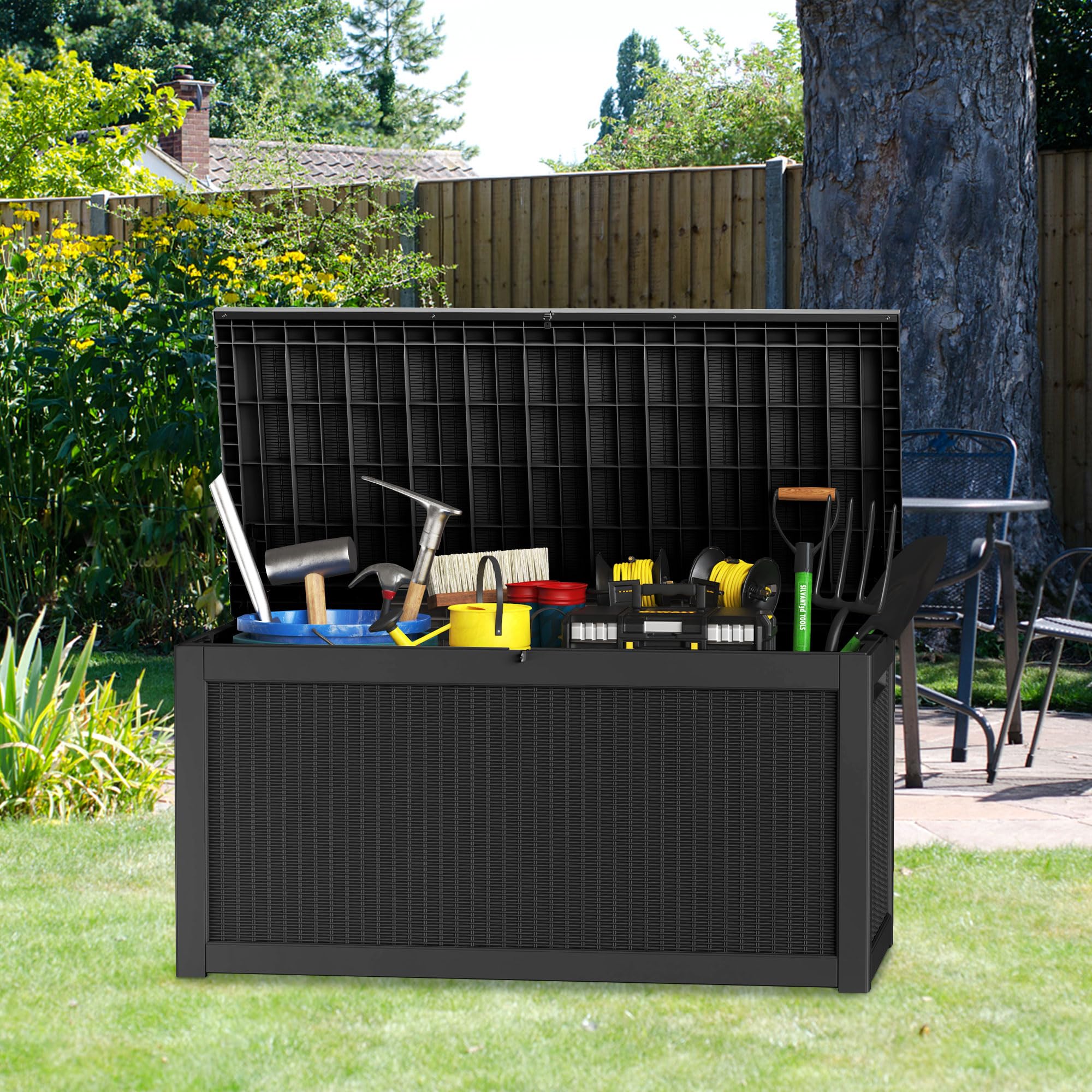 260 Gallon Large Outdoor Storage Deck Box - Waterproof, Lockable Resin Container for Patio Furniture, Garden Tools & Pool Supplies | Perfect for Backyard, Deck & Poolside Organization (Black)