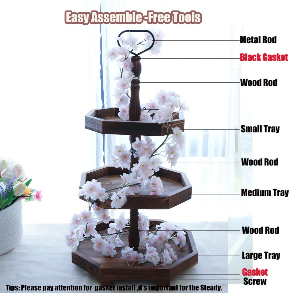 3-Tier Wooden Serving Tray - Rustic Farmhouse Decor for Kitchen, Desserts & Cupcakes | 27