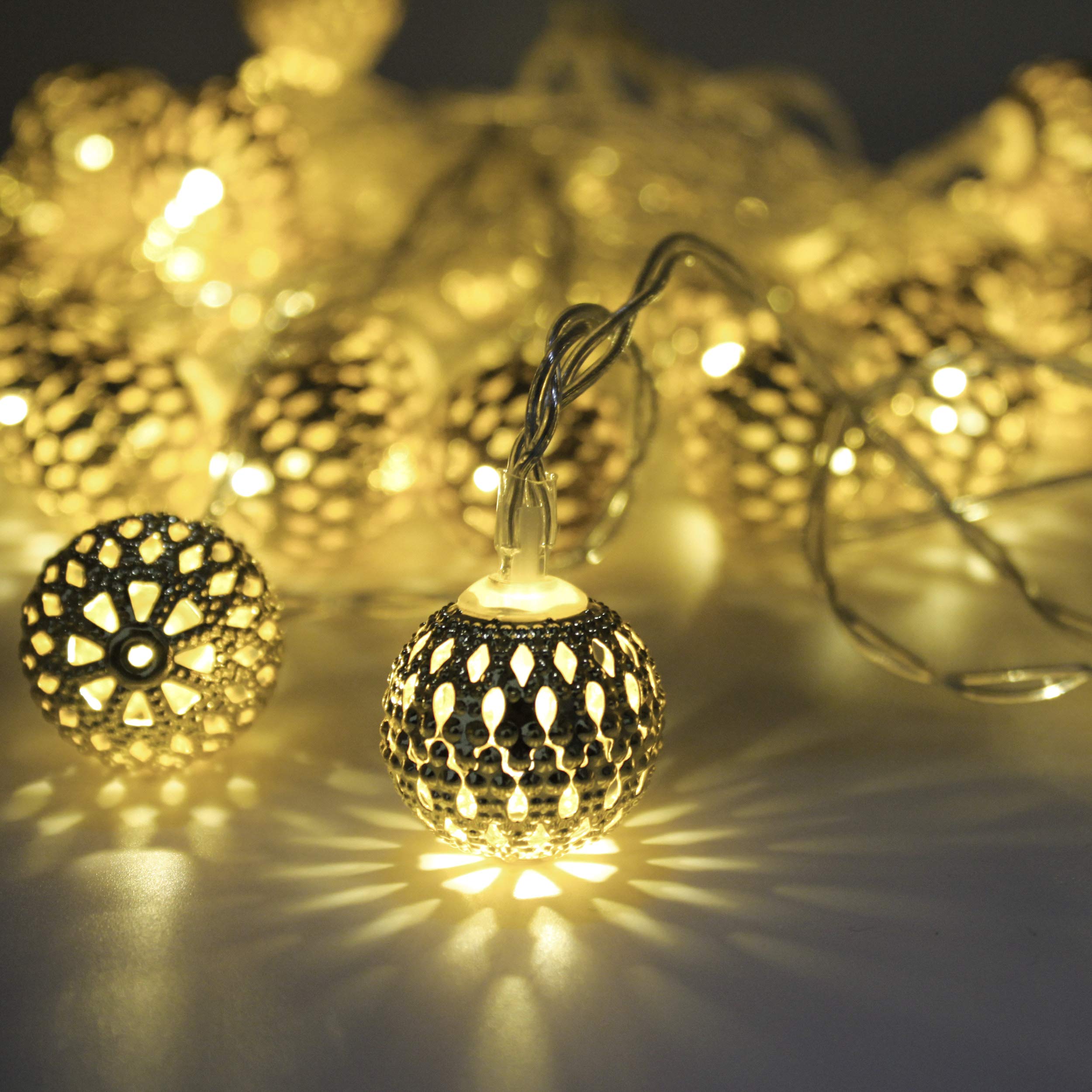 Battery Powered Moroccan String Lights - 40 Silver LED Globe Lights with Timer, Warm White for Wedding, Party, Holiday & Home Decor | 16 ft Auto On/Off | Perfect for Christmas, Birthday & Outdoor Events