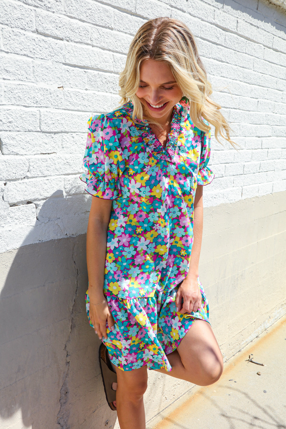 Elegant Blue Smocked Notch Neck Babydoll Floral Print Dress - Perfect for Summer Parties, Weddings & Date Nights
