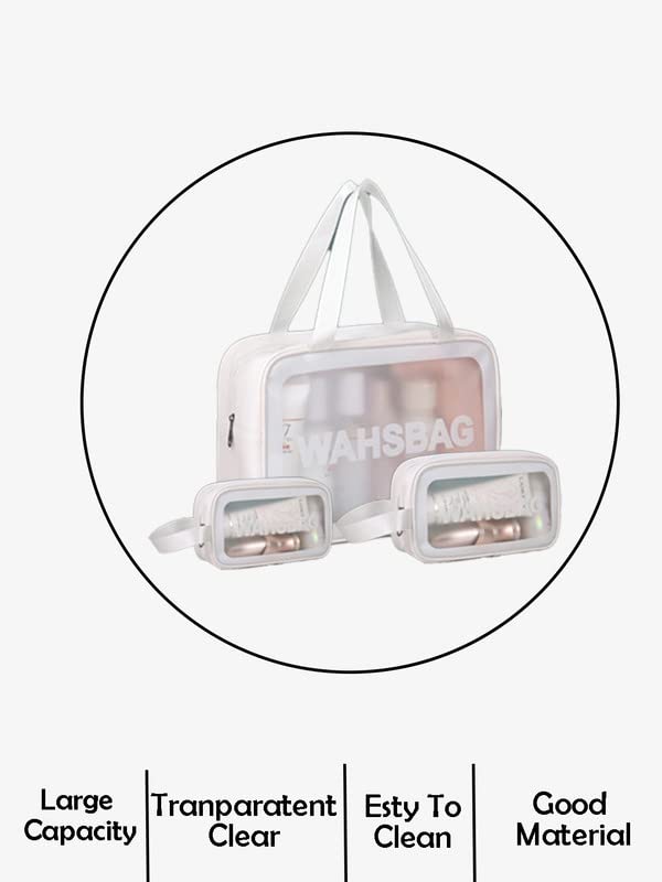 Amso Clear Makeup Pouch Set - 3 Pack Waterproof Cosmetic Organizer Bags for Women & Girls | Travel Toiletry Storage Kit (White) | Perfect for Travel, Gym & Daily Essentials Organization