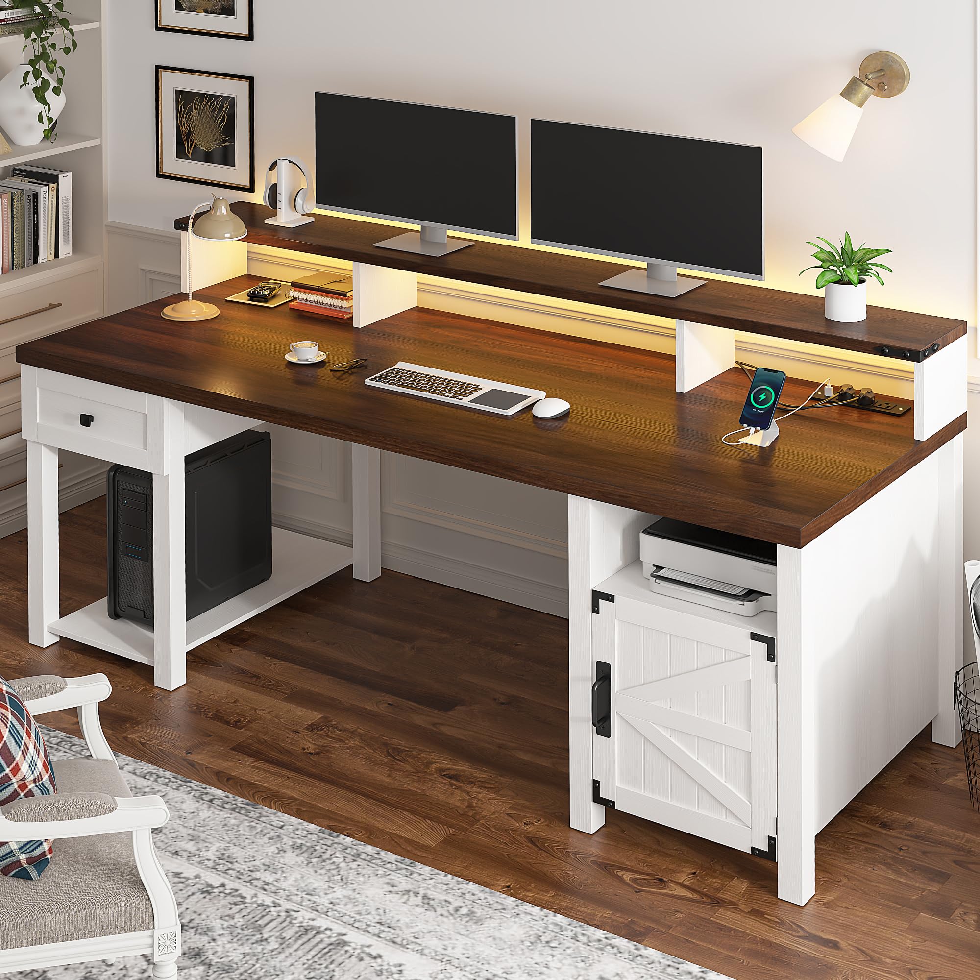 Farmhouse Office Desk with Drawers & Power Outlets - 55