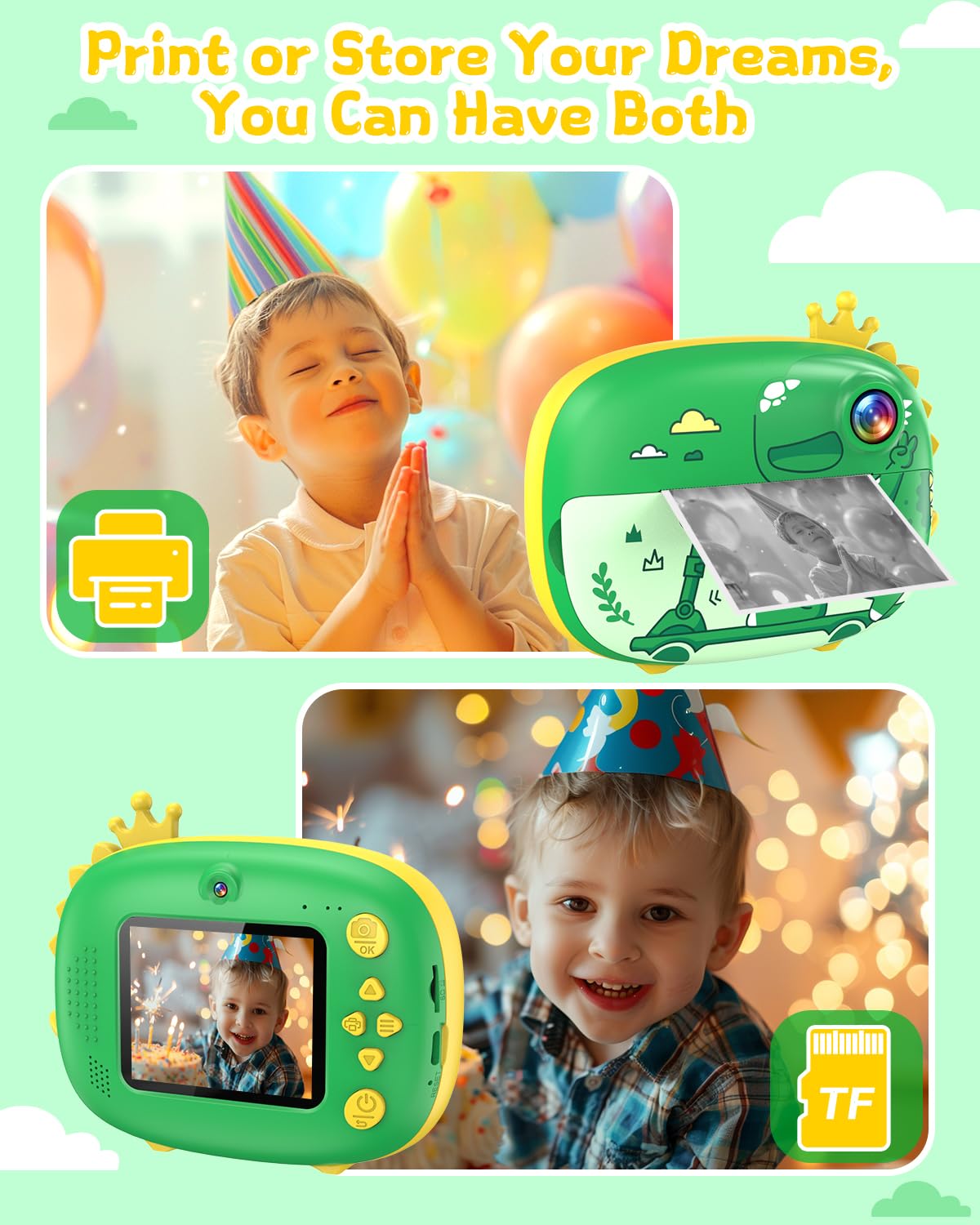 20MP Kids Instant Print Camera with 1080P Video - Ink-Free Dinosaur Toy Camera for Ages 3-10 - Perfect Christmas & Birthday Gift for Toddlers (Green) - Capture Childhood Memories at Parties & Family Events