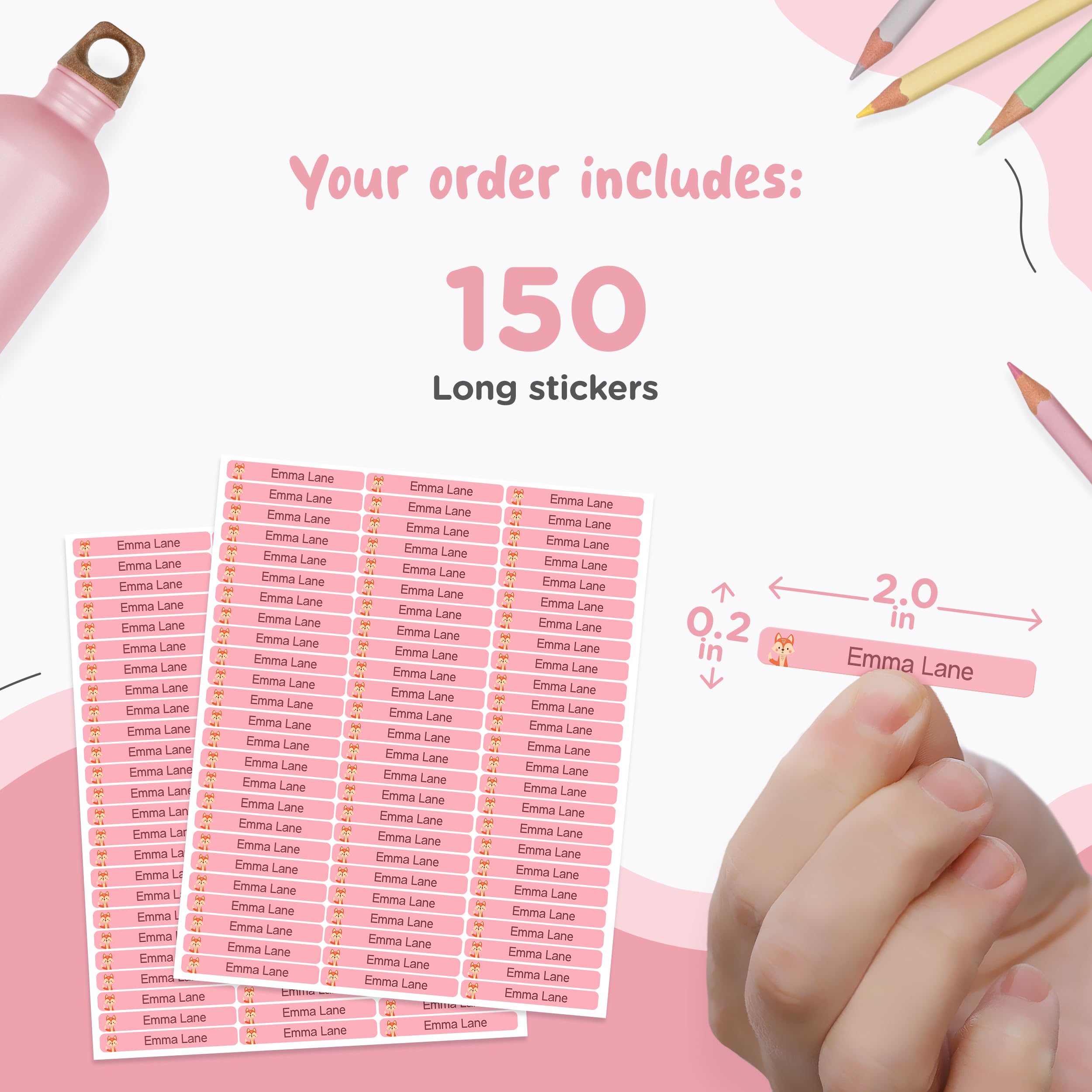 StiKiddo® Premium Personalized Name Labels for School Supplies - 150 Waterproof Name Stickers for Pens, Pencils, Lunch Boxes & Kids Items - Pink | Perfect for Back to School, Daycare & Organizing Children's Belongings