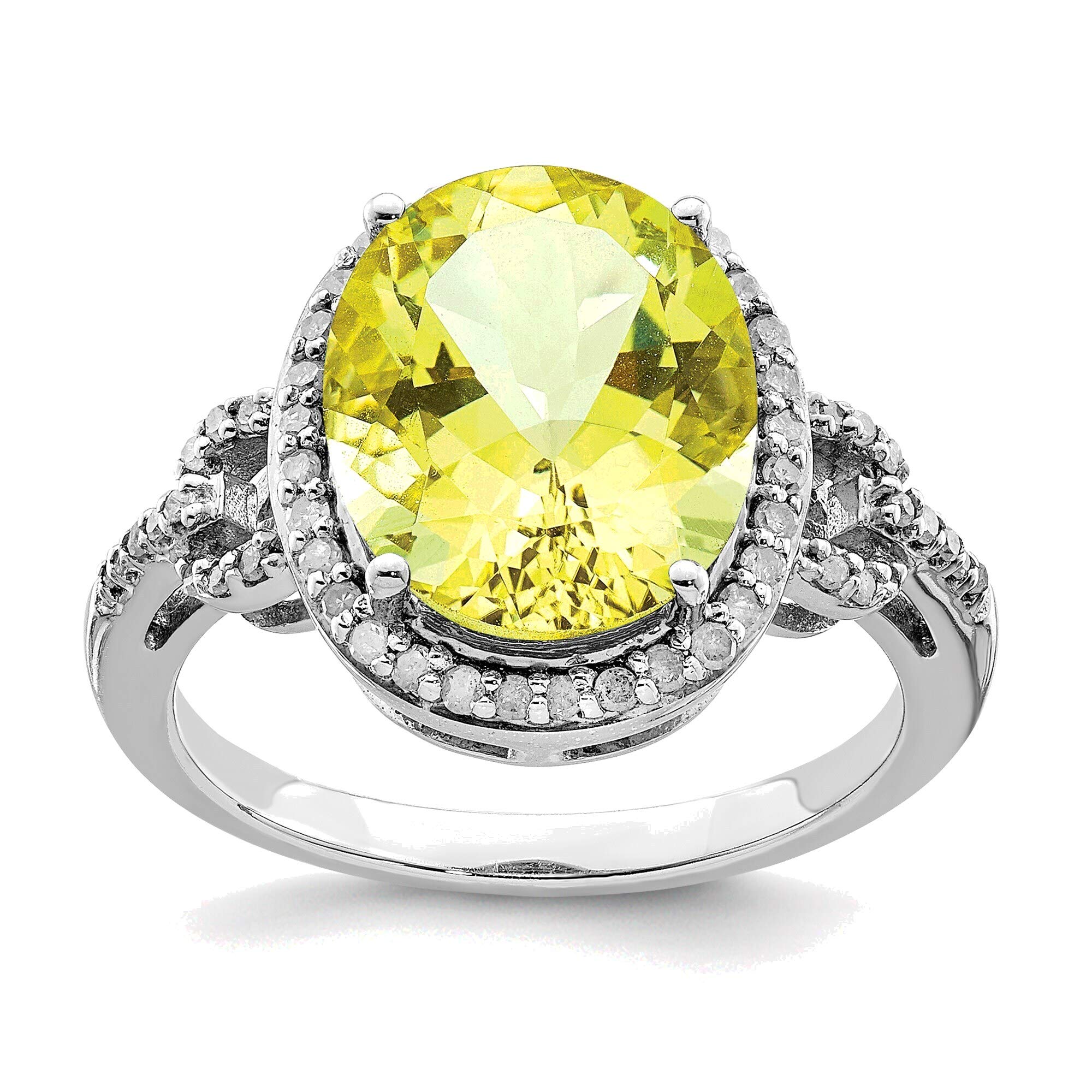 Bonyak Sterling Silver Rhodium Plated Oval Diamond & Checker-Cut Lemon Quartz Ring Size 7 - Elegant Jewelry for Women, Perfect for Weddings, Parties & Special Occasions