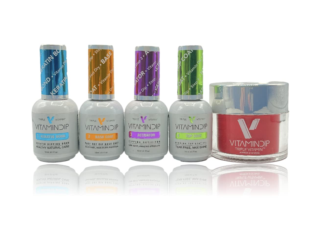 Triple Vitamin Dip Powder Nail Kit with 4x18ml Liquid Set & 2oz Remix Color Dipping Powder - Includes Bond, Gel Base & Activator Top Coat - No UV Lamp Needed for DIY Home Manicure | Perfect for Salon-Quality Nails at Home, Parties & Professional Use