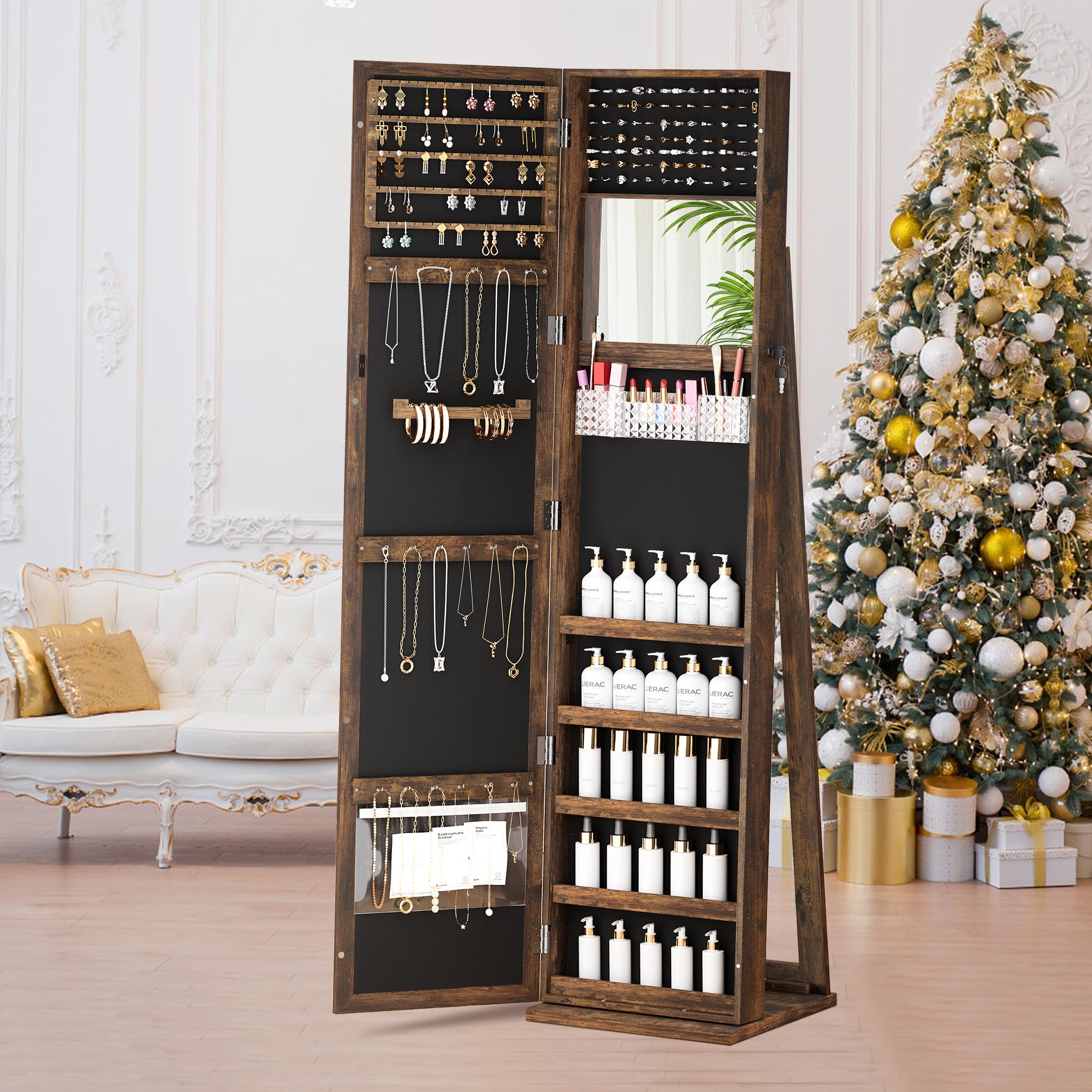 Full Length Mirror Jewelry Cabinet with Lock - Standing Jewelry Armoire Organizer for Women & Girls, Brown - Perfect for Bedroom, Closet & Dressing Room Storage