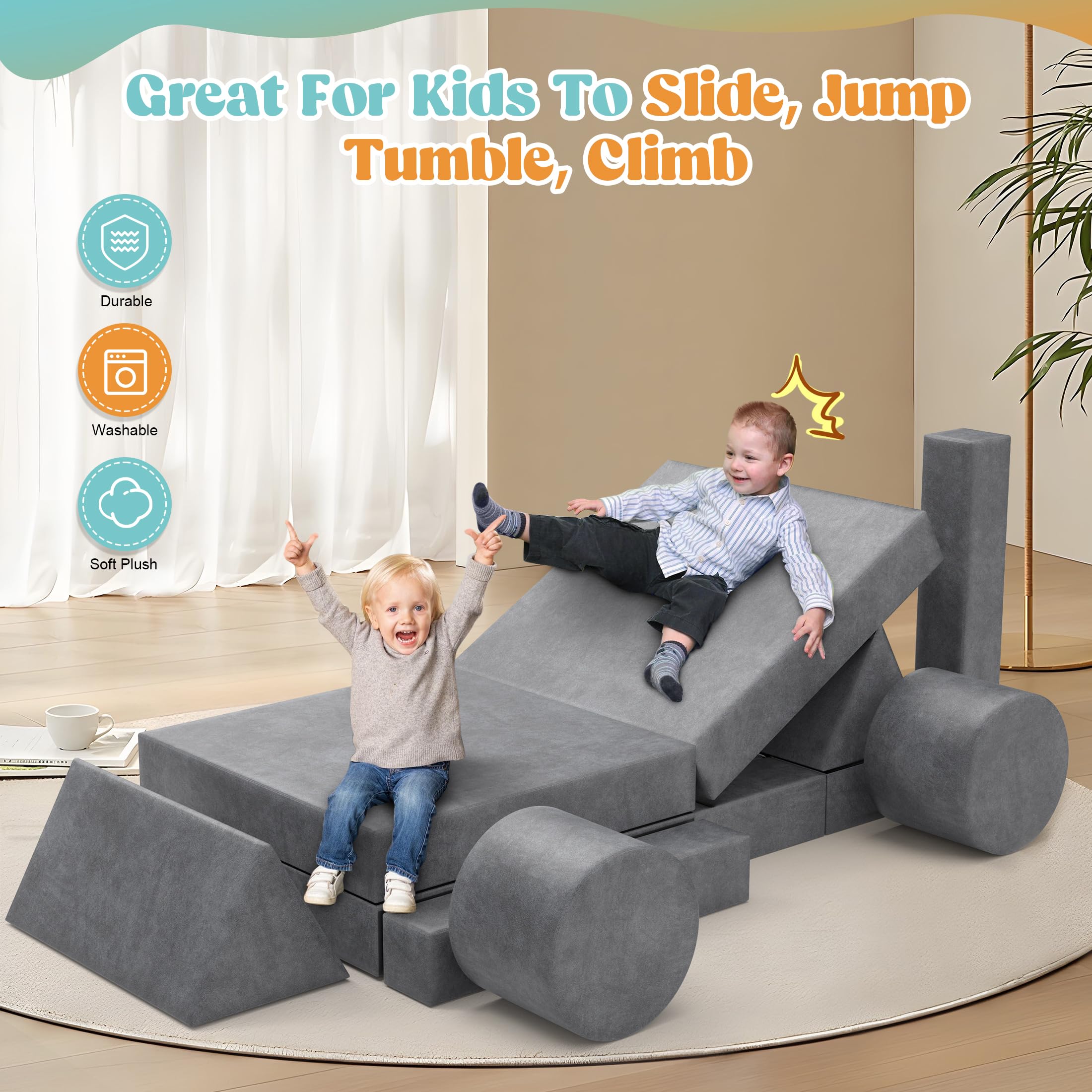 13-Piece Modular Kids Play Couch Set - Large Convertible Foam Sofa for Boys & Girls | DIY Building Fort, Sectional Floor Cushion for Creative Play | Perfect for Playrooms, Bedrooms & Indoor Adventures (Grey)