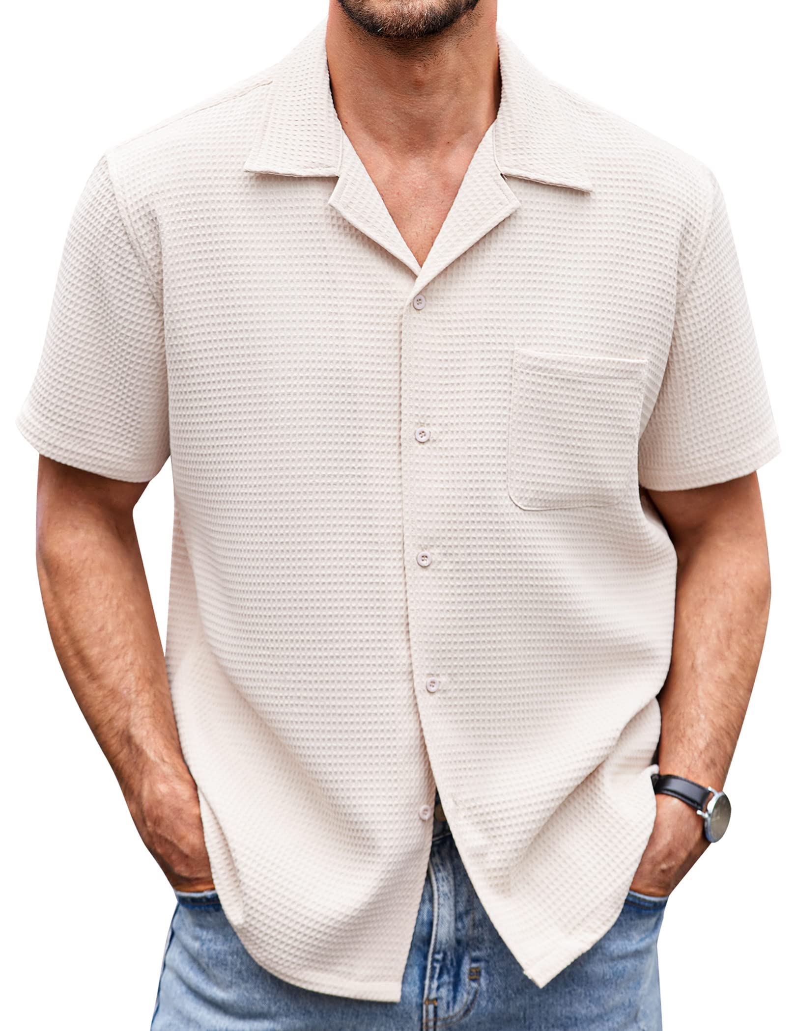 COOFANDY Men's Short Sleeve Button Down Shirt - Waffle Texture Casual Shirt, Loose Fit Cuban Style Beach Top for Summer, Vacation & Outdoor Activities