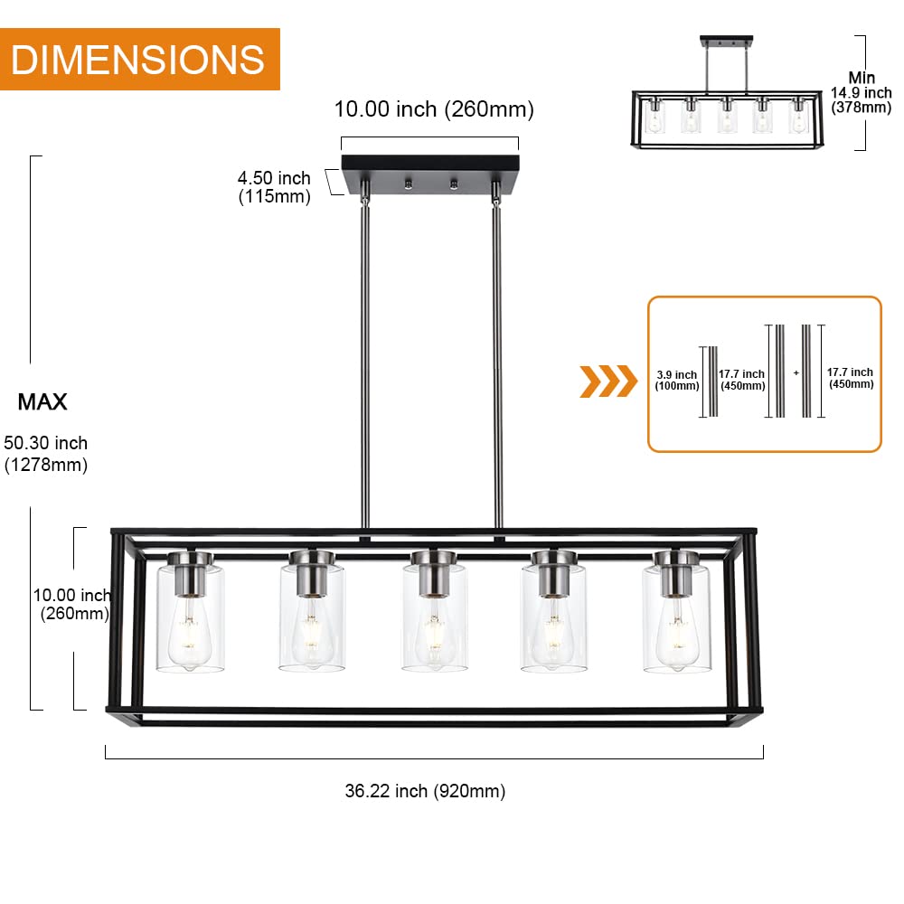 VINLUZ Modern 5-Light Rectangle Chandelier in Brushed Nickel & Black - Clear Glass Shade Farmhouse Pendant Light for Dining Room, Kitchen Island & Living Room Ceiling | Perfect for Rustic, Industrial & Contemporary Home Decor