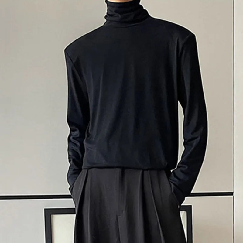 Men's Autumn Slim Fit Turtleneck Long Sleeve Pullover Top with Solid Collar & Shoulder Pads - Solid Color Casual Shirt 9A2222 for Work, Dating & Fall Outfits