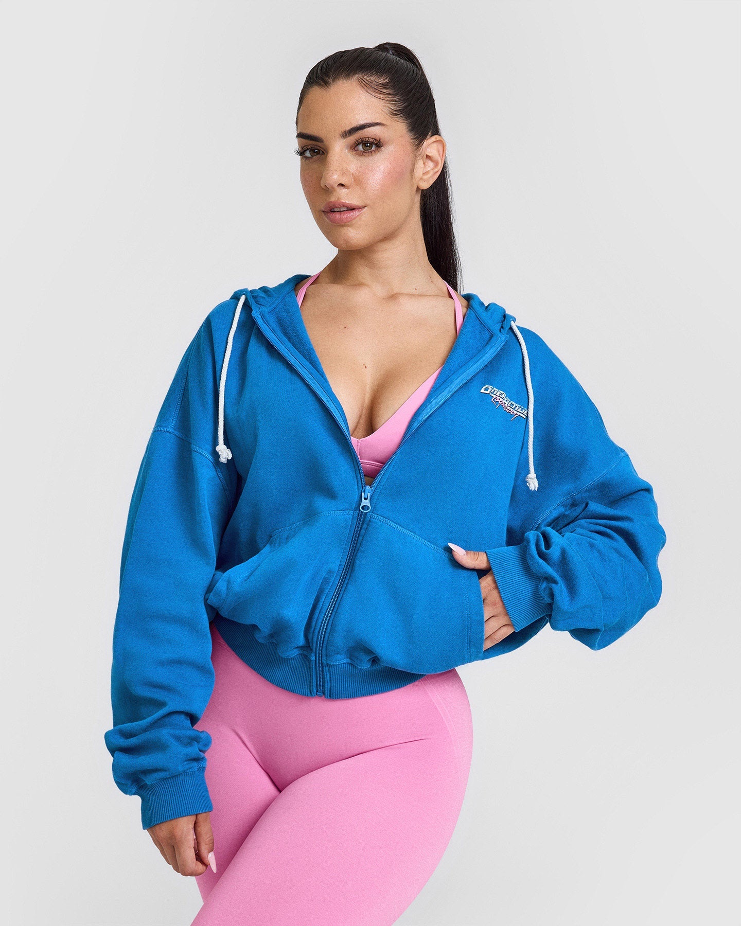 Raw Lounge Oversized Zip Through Hoodie with Graphic Print | Retro Blue Color | Perfect for Casual Wear, Street Style & Loungewear