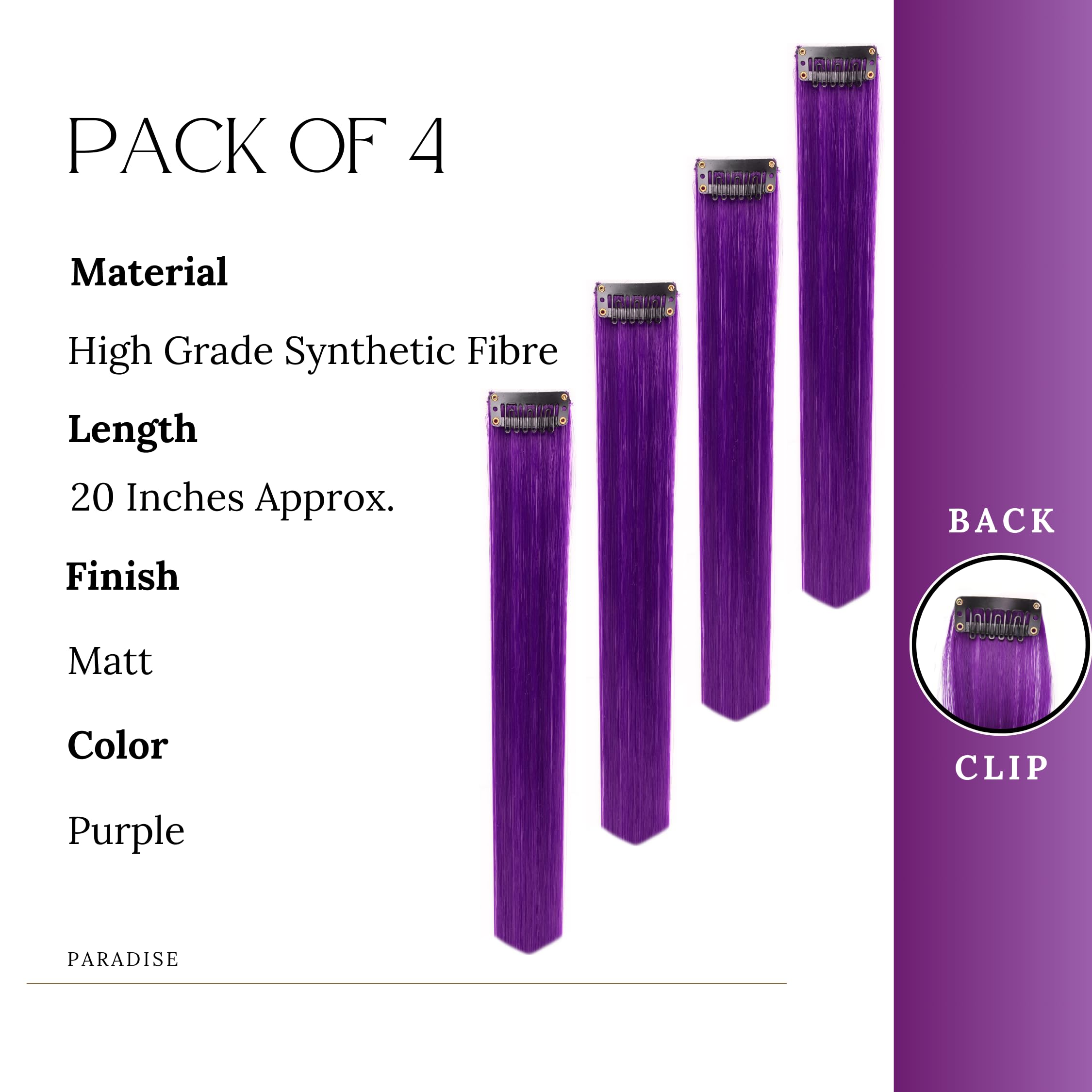 Paradise® Purple Clip-in Hair Extensions 22 Inches - 4 Pack Straight Synthetic Hair for Women & Girls - Funky Colored Hair Streaks for Parties, Cosplay & Halloween Costumes