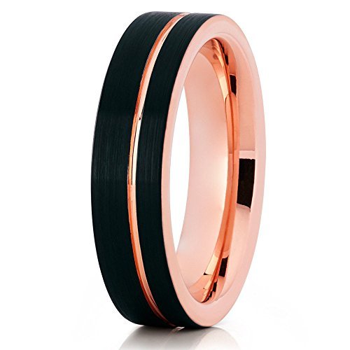6mm Rose Gold Tungsten Wedding Band for Men & Women - Black Tungsten Carbide Ring with 18K Rose Gold Inlay - Comfort Fit Anniversary Ring with Offset Groove Design - Perfect for Weddings, Engagements & Special Occasions