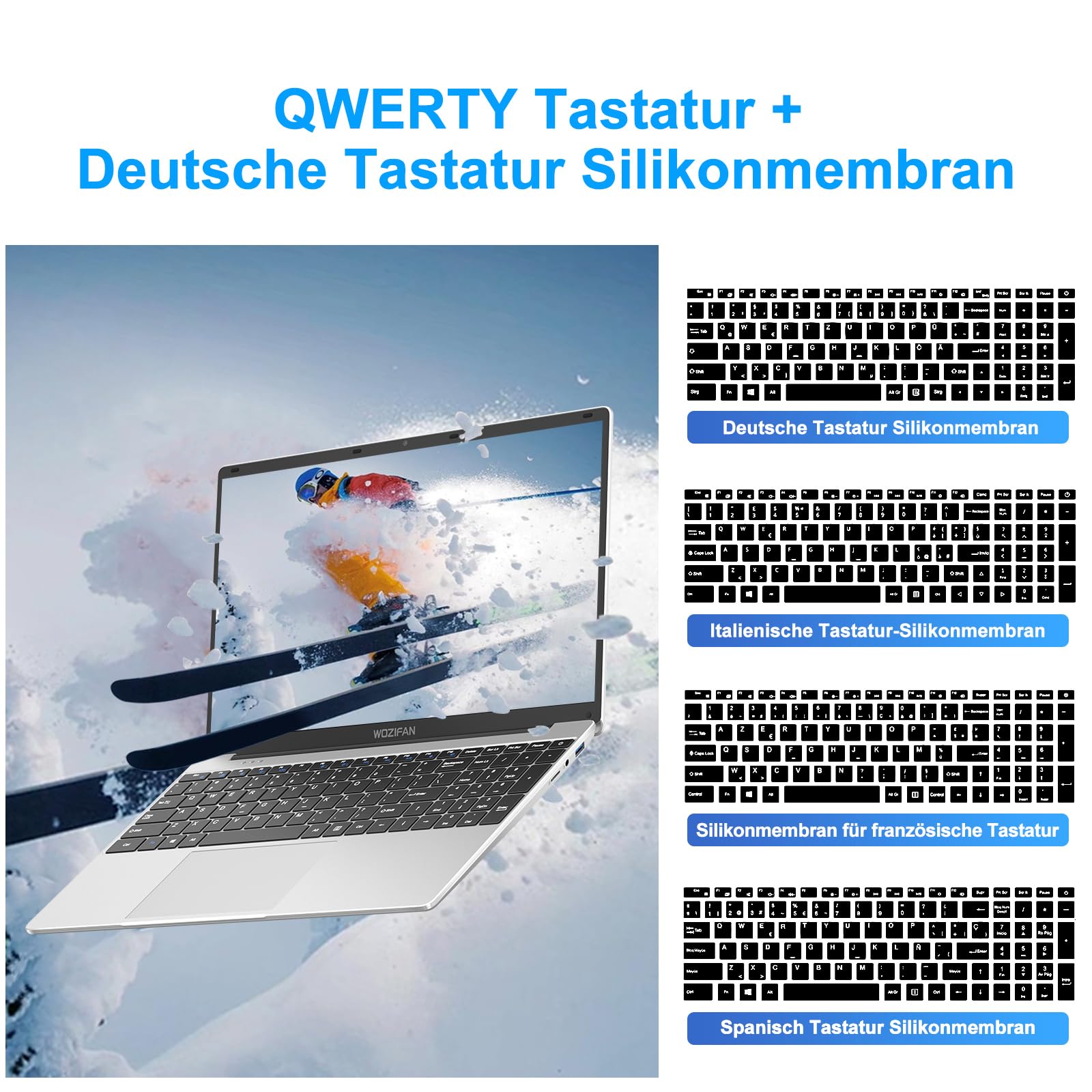 WOZIFAN 15.6 Inch Laptop - 256GB SSD, 2.4G+5G WiFi, 1080P FHD, Windows 11, Up to 2.8GHz, Bluetooth, USB, HDMI - Includes Wireless Mouse & German Keyboard Sticker (Silver) - Perfect for Work, Study, and Entertainment