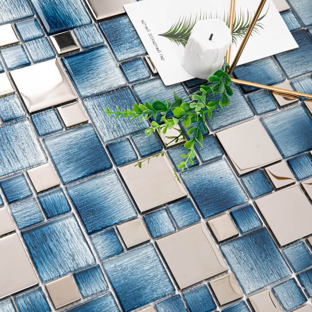 Soulscrafts Blue Glass Mosaic Tile 11.7 x 11.7 Inch Square Tiles - Waterproof Kitchen Backsplash & Bathroom Wall Tile (5 Pcs/Box, 4.75 sq.ft) - Perfect for DIY Home Decor, Swimming Pool Accents, and Fireplace Surrounds