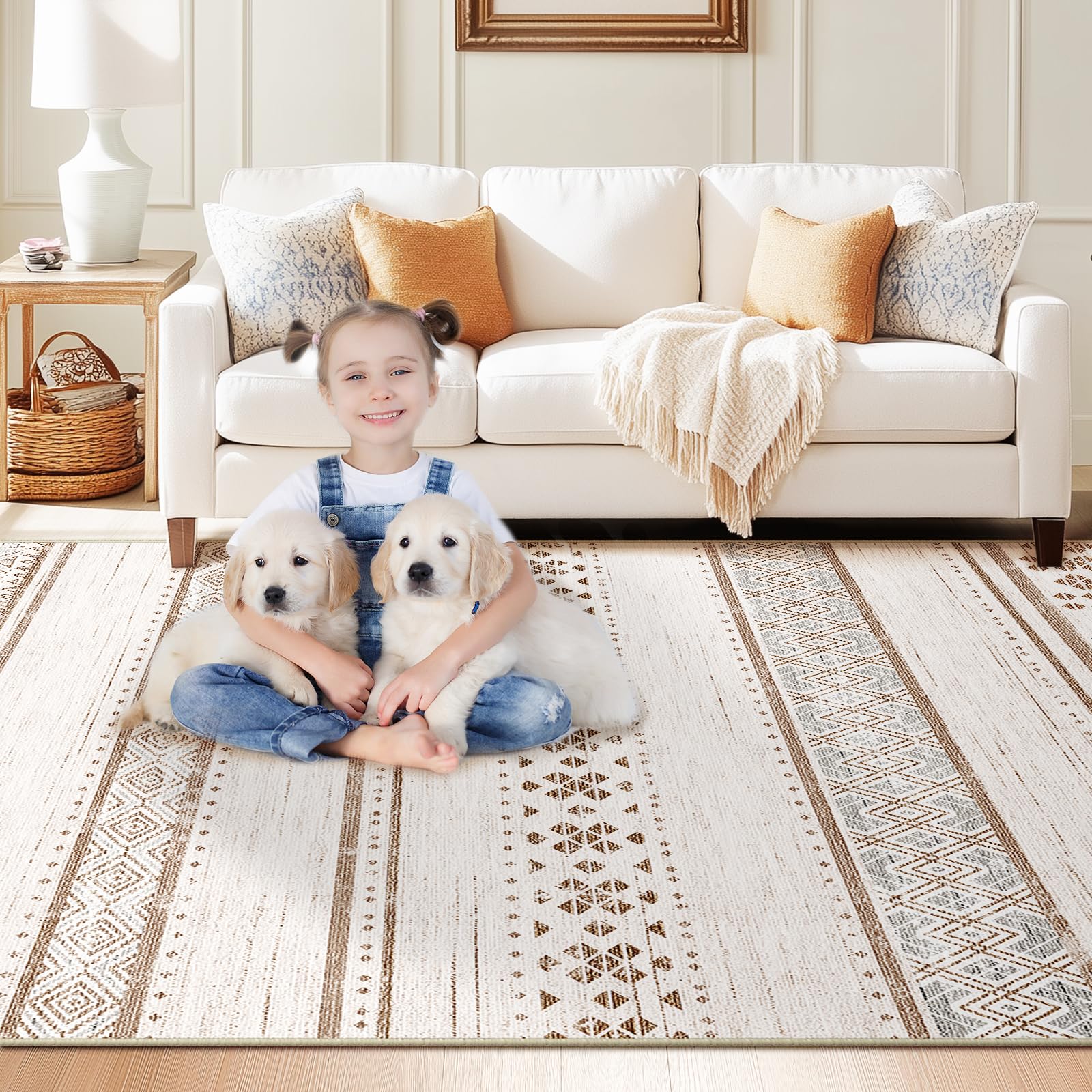 BESTSWEETIE 8x10 Washable Moroccan Farmhouse Area Rug - Soft Low Pile Non-Slip Geometric Print in Cream/Brown/Pink - Perfect for Living Room, Bedroom, Kitchen, Dining Room & Entryway - Neutral Decor for Cozy Home & Farmhouse Style