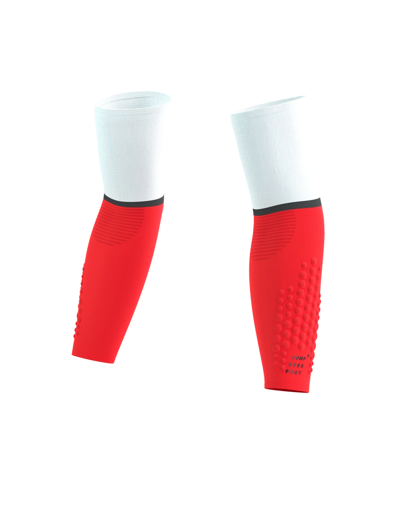 Compressport Unisex ArmForce Ultralight Running Arm Sleeves - White/Fluo Red - UV Protection & Muscle Support for Marathon, Cycling & Outdoor Sports