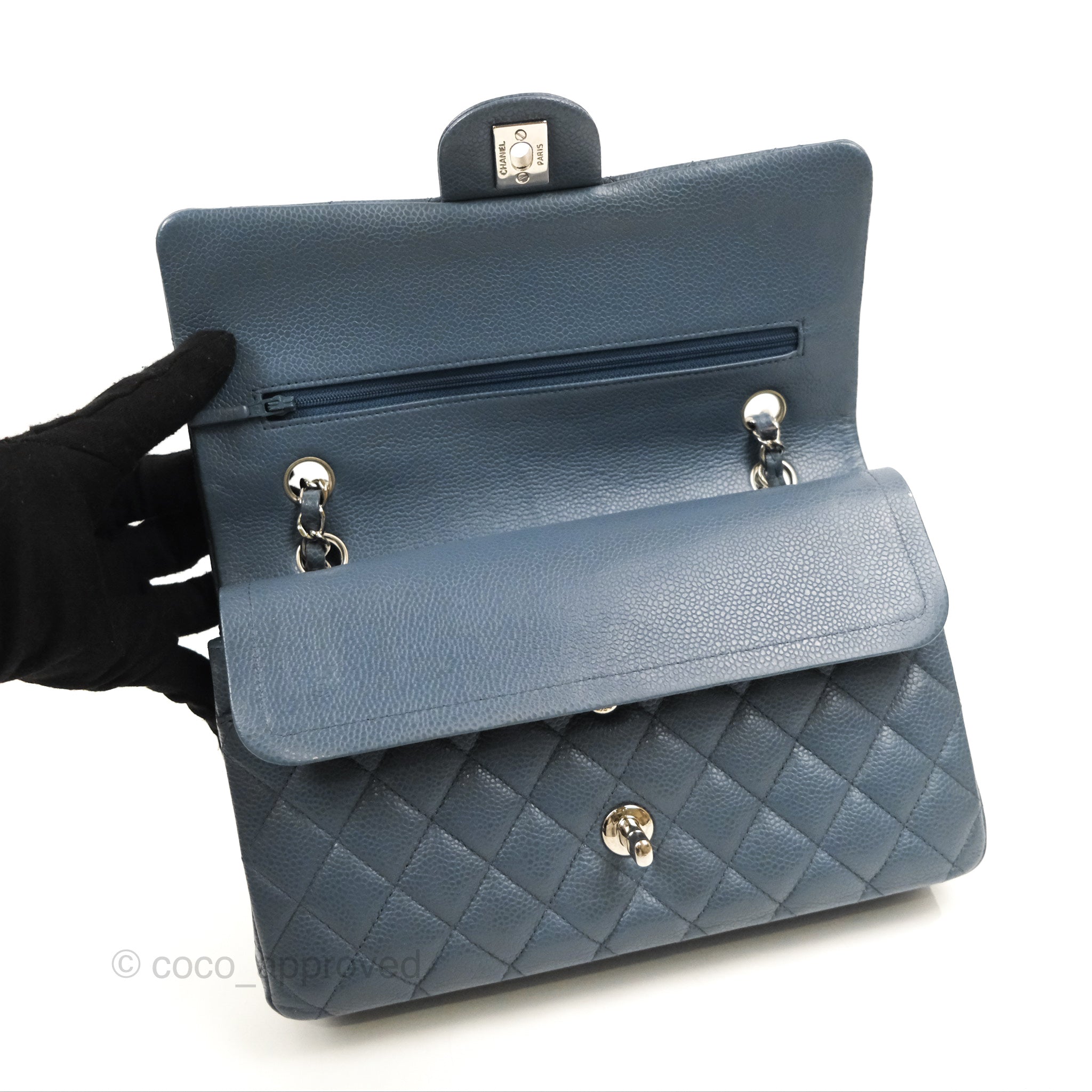 Chanel Classic Double Flap Quilted Medium/Large Handbag in Blue Caviar Leather with Silver Hardware - Perfect for Work, Evening Events & Luxury Fashion Accessories