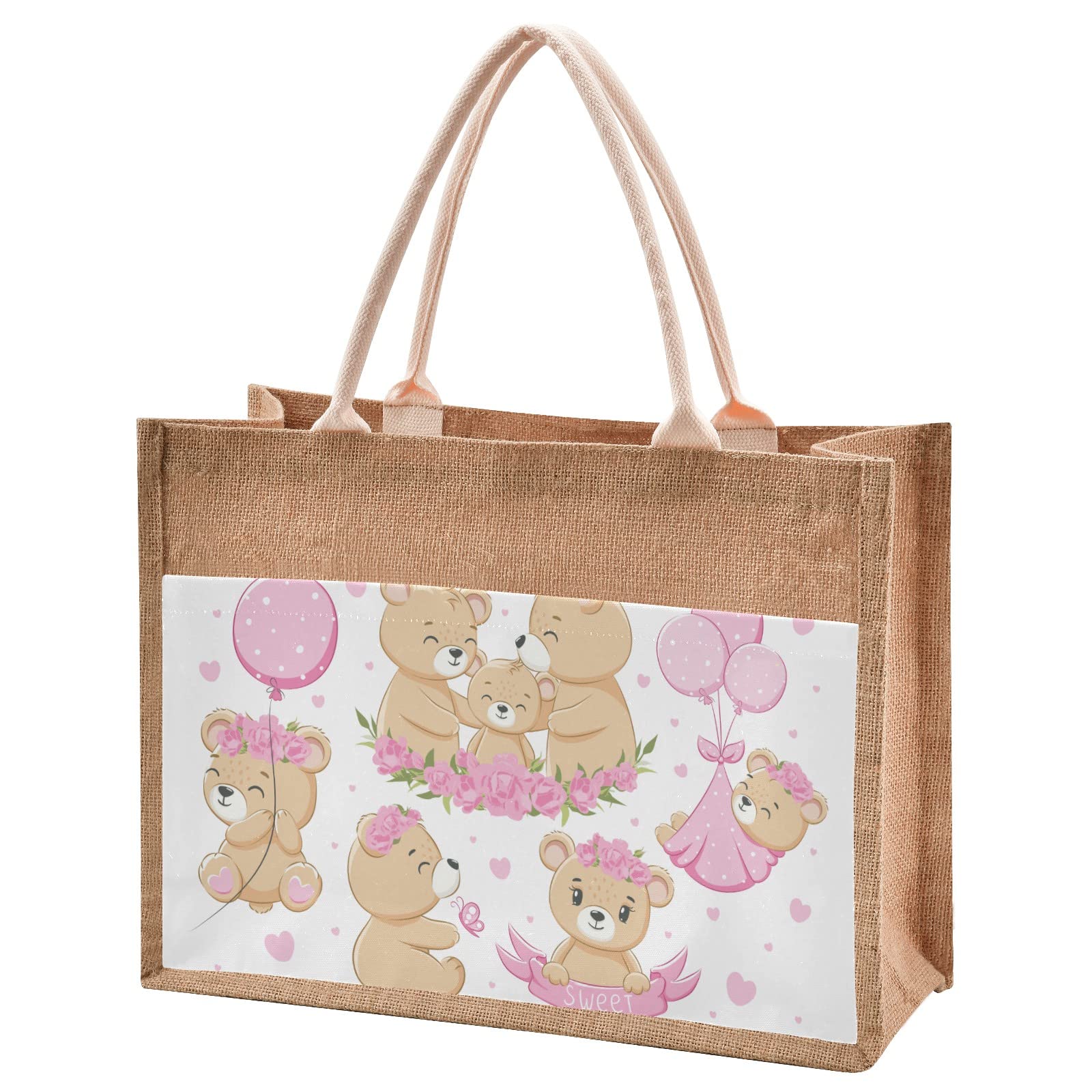 Eco-Friendly Jute Tote Bag with Cute Bear Design - Reusable Natural Burlap Straw Bag for Beach, Shopping, Groceries & Wedding Gifts | Perfect for Farmers Market, Picnics & Sustainable Lifestyle