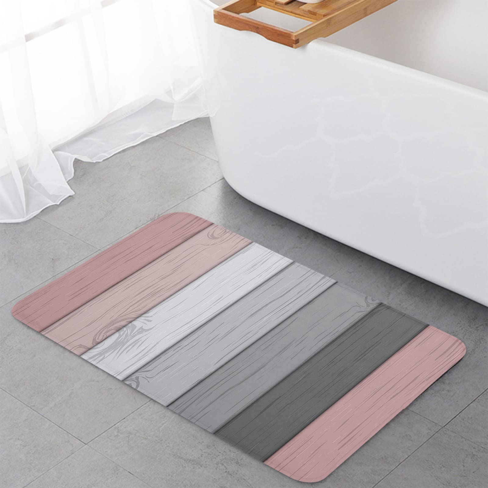 Rustic Farm Wood Grain Non-Slip Kitchen Mat Set of 2 - Pink Grey White Ombre Absorbent Washable Floor Rugs for Kitchen, Bathroom & Entryway | Perfect for Farmhouse Decor, Spill Protection & High-Traffic Areas