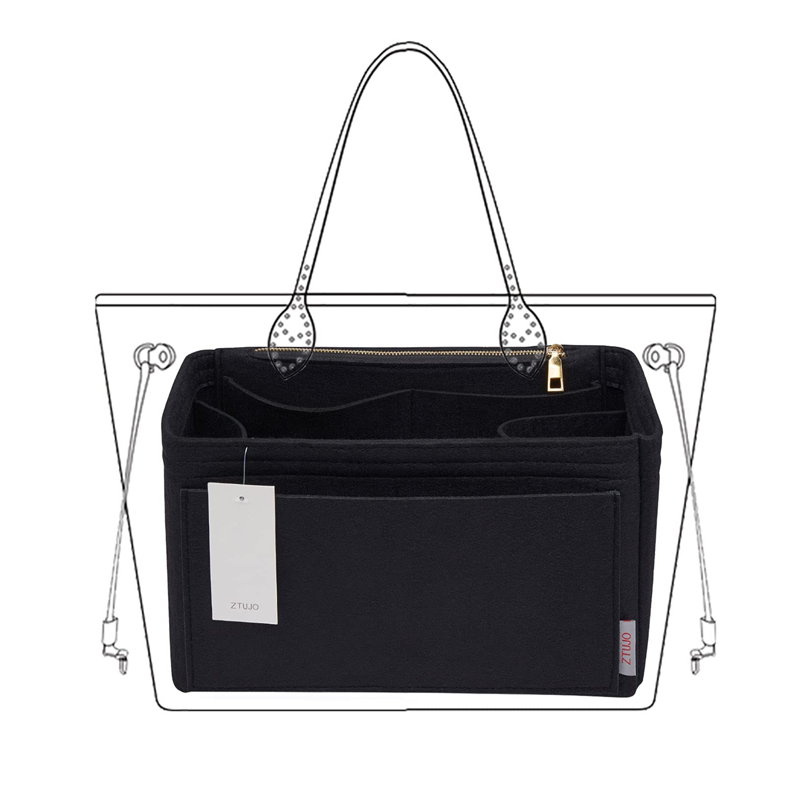 Felt Purse Organizer Insert with Bottle Holder - Perfect for Speedy, Neverfull & Tote Bags - Slender Medium Size in Black | Keep Essentials Organized for Work, Travel & Daily Use