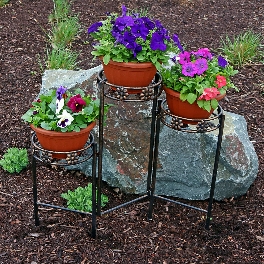 Sunnydaze 3 Tier Folding Plant Stand - 29 Inch Tall Indoor Outdoor Metal Flower Pot Holder for Patio, Garden, Balcony Decor - Perfect for Displaying Potted Plants, Herbs, and Succulents