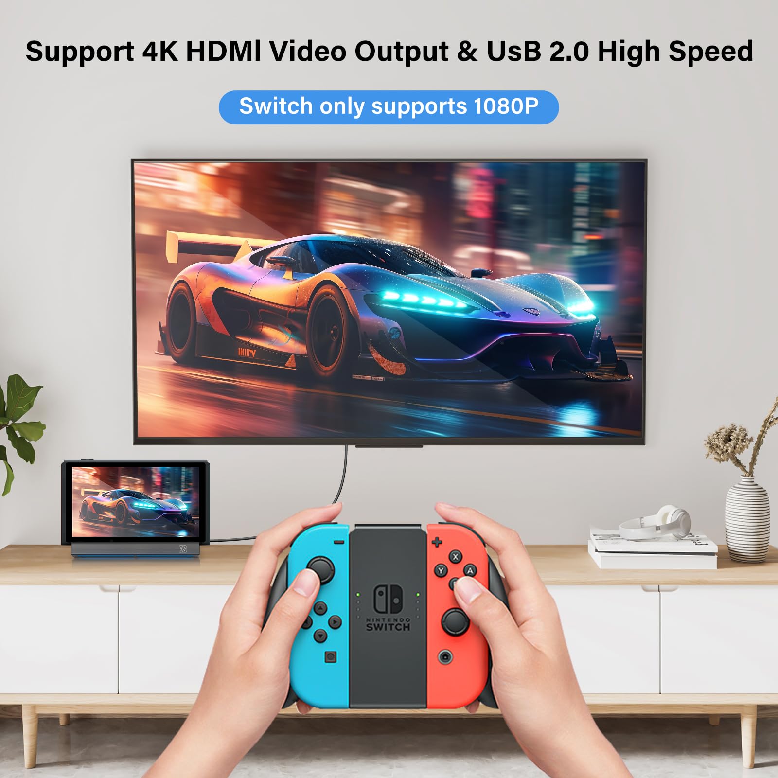 Nintendo Switch Dock Station for Switch & Switch OLED - Portable Charging Stand with 4K HDMI Output & 2 USB Ports - Replacement Dock for Gaming at Home or Travel