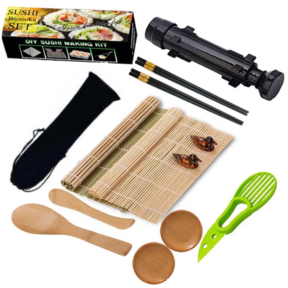 Premium Sushi Making Kit - 2 Bamboo Sushi Mats, Sushi Bazooka Maker, Alloy Chopsticks & Complete Accessories for Homemade Sushi | Perfect for Japanese Cuisine Lovers, Dinner Parties & Family Cooking Activities