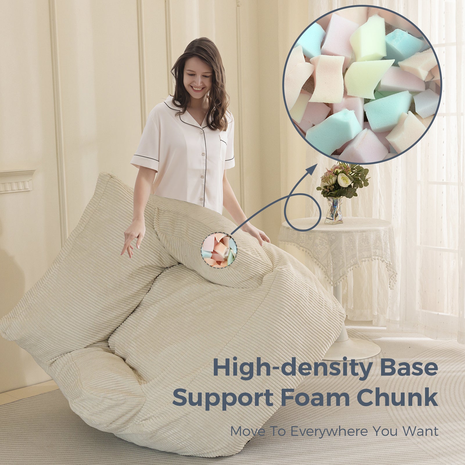 MAXYOYO Oversized Bean Bag Chair - Extra Large Stuffed Bean Bag Sofa for Living Room, Bedroom & Game Room - Soft & Comfortable Beige Lounger for Relaxing, Reading & Gaming