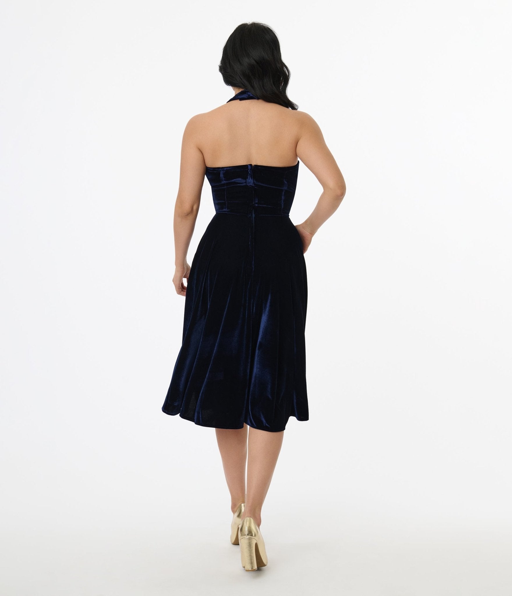 Vintage 1950s Navy Blue Velvet Halter Dress with Criss Cross Back & Flare Skirt - Retro Pinup Style for Parties, Weddings & Special Occasions