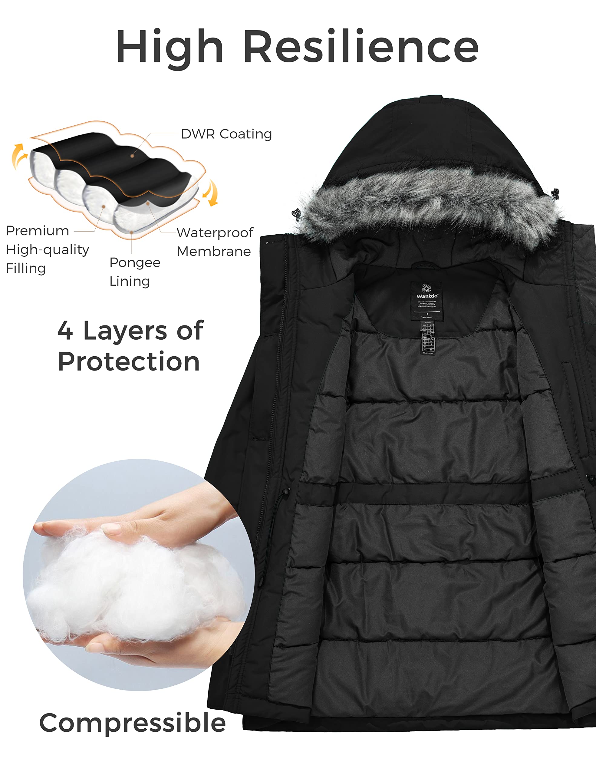 Wantdo Women's Long Puffer Winter Coat with Hood - Waterproof Warm Parka Jacket for Cold Weather - Perfect for Snowboarding, Skiing & Outdoor Activities