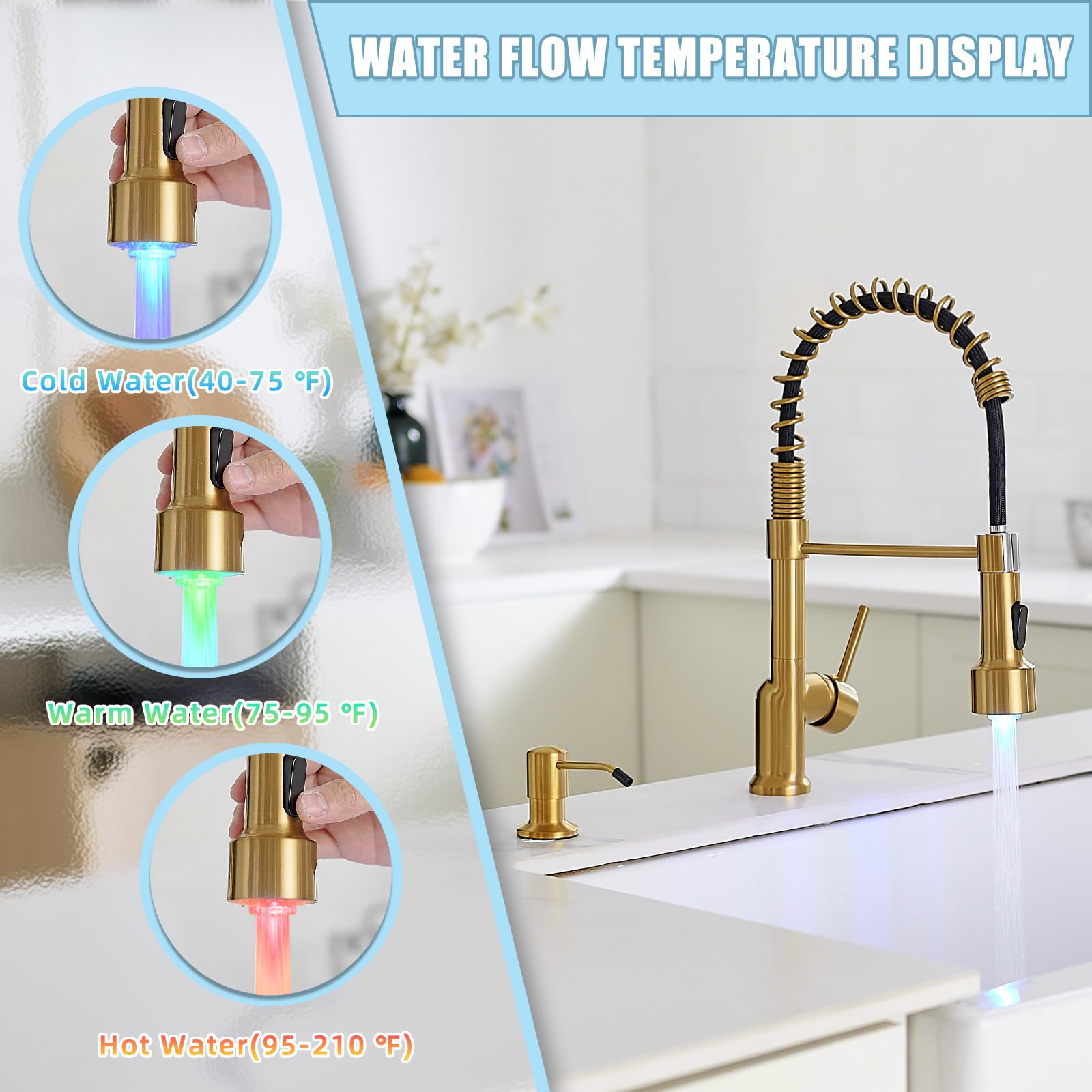 Premium GIMILI Gold LED Kitchen Faucet with Soap Dispenser - Modern Single Handle Pull Down Sprayer Sink Faucet for Contemporary Kitchens | Perfect for Cooking, Washing Dishes & Home Renovation