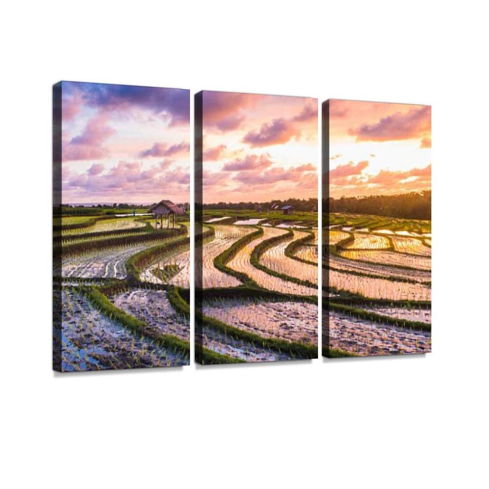 Bali Sunset Rice Fields Wall Art - Vintage Abstract Photography Print on Canvas, 3 Panels Framed Ready to Hang | Home Decor for Living Room, Bedroom & Office