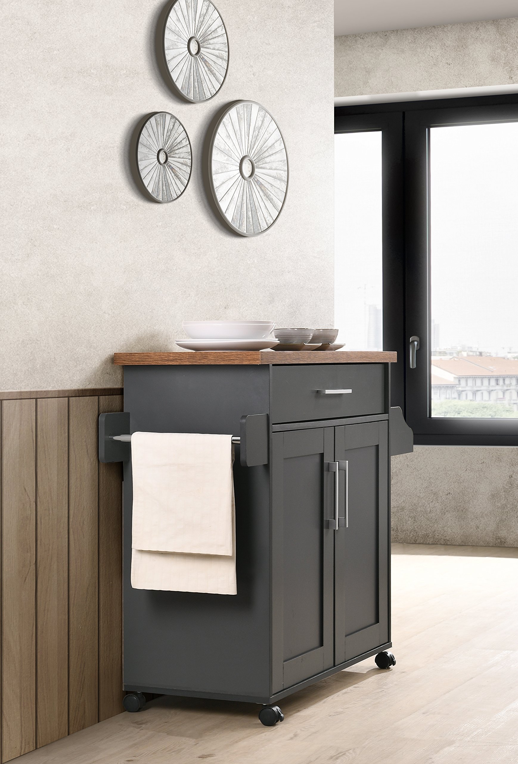 Hodedah Kitchen Island with Spice Rack, Towel Rack & Drawer - Grey Oak Top Counter Cart for Small Spaces, Organize Cooking Utensils & Spices - Perfect for Apartments, Condos & Home Kitchens
