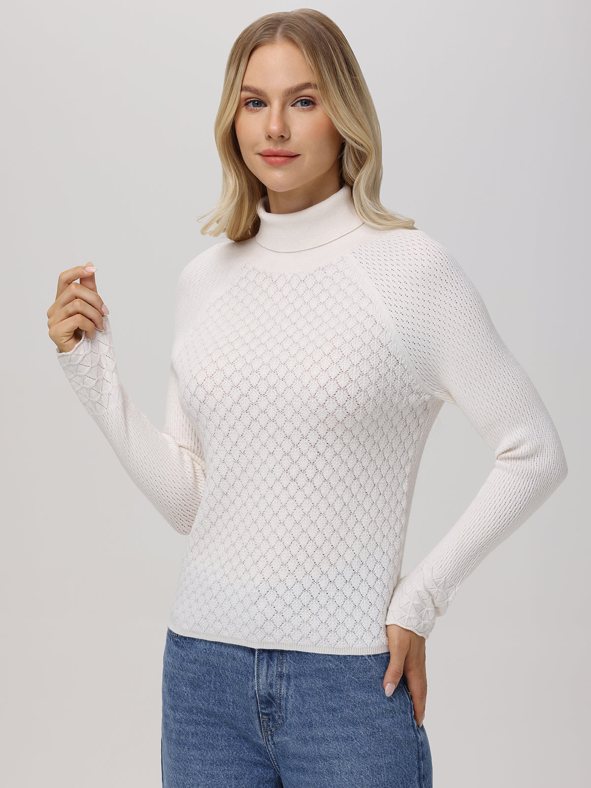 Violet Lace Stitch Turtleneck Sweater for Women - Elegant Long Sleeve Knit Pullover for Fall & Winter, Perfect for Office, Date Night and Casual Outfits