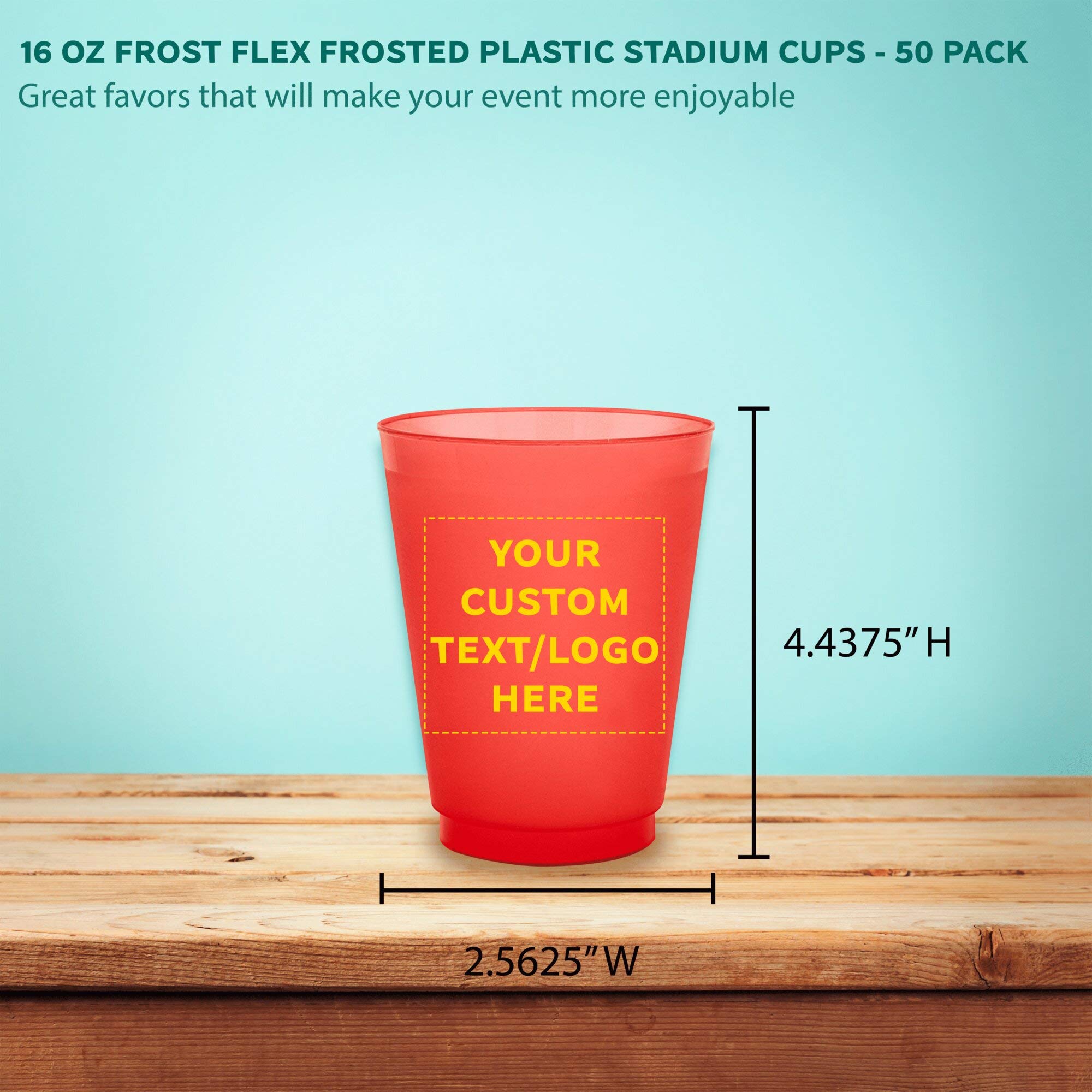 Custom Frosted Plastic Stadium Cups 50 Pack - Personalized with Logo & Promotional Text - 16 oz Shatterproof Reusable Party Cups for Sports Events, Tailgating & Outdoor Gatherings - Red