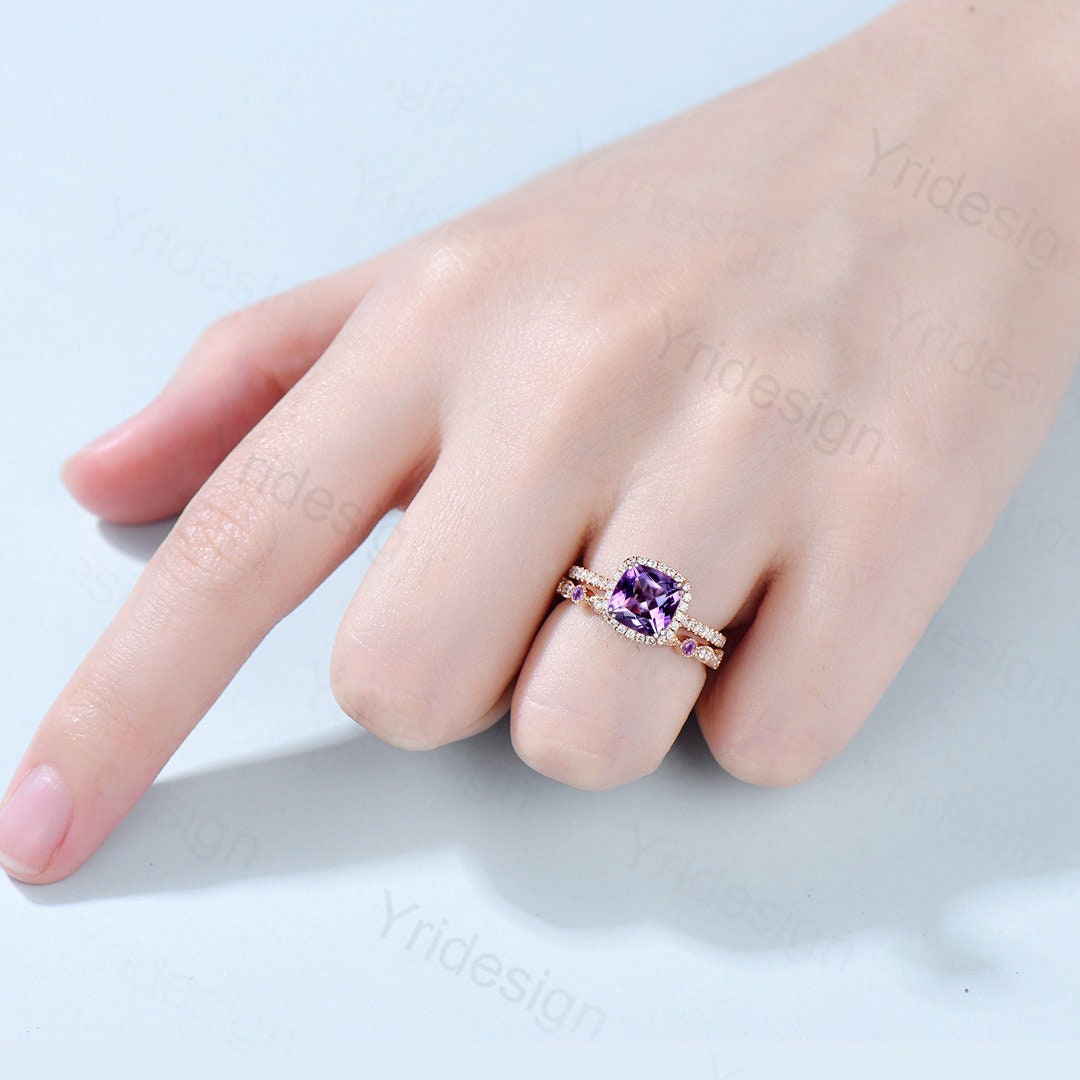 Vintage Cushion Cut Amethyst Wedding Ring Set in 14K Rose Gold - Art Deco Halo Diamond Bridal Set for Women | Engagement, Anniversary & Special Occasion Jewelry Gift