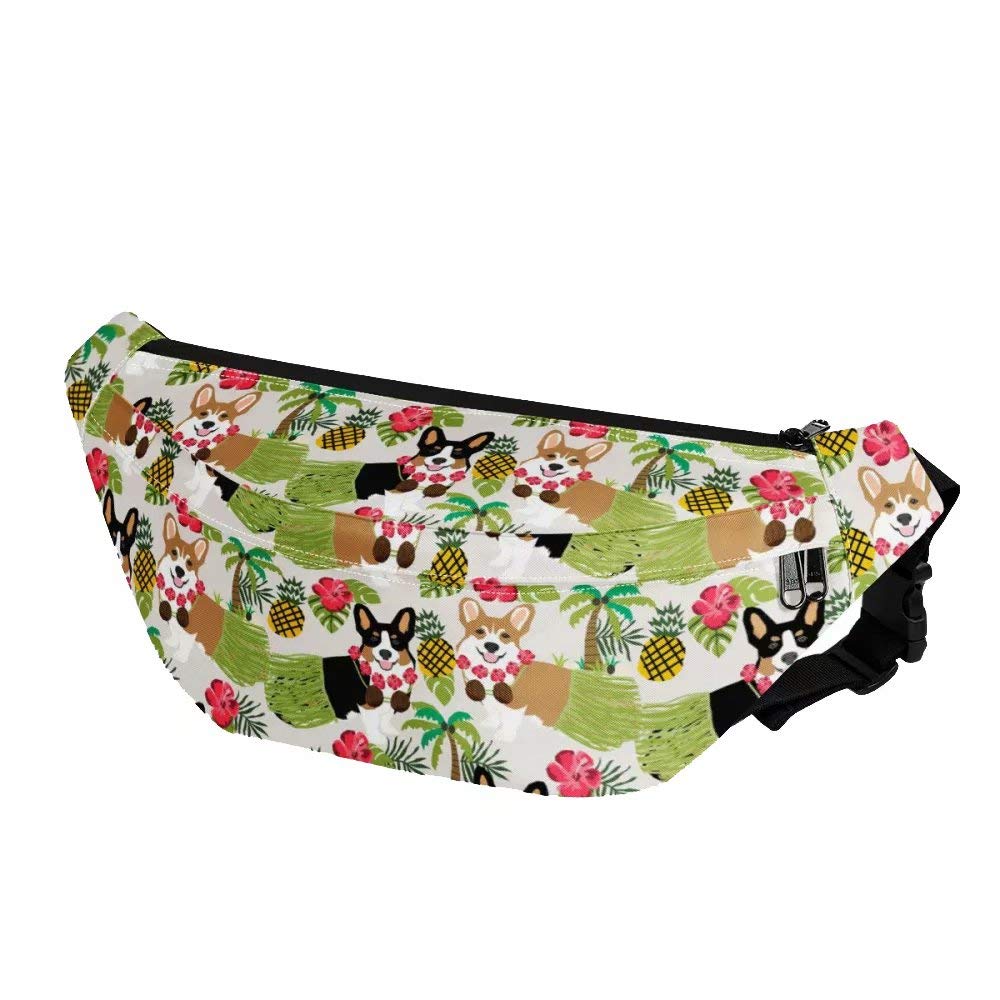 AFPANQZ Tropical Corgi Dogs Fanny Pack - Adjustable Waist Bag for Women & Men, Unisex Lumbar Pack with Zipper - Perfect for Gym, Hiking, Travel & Outdoor Activities - White & Green
