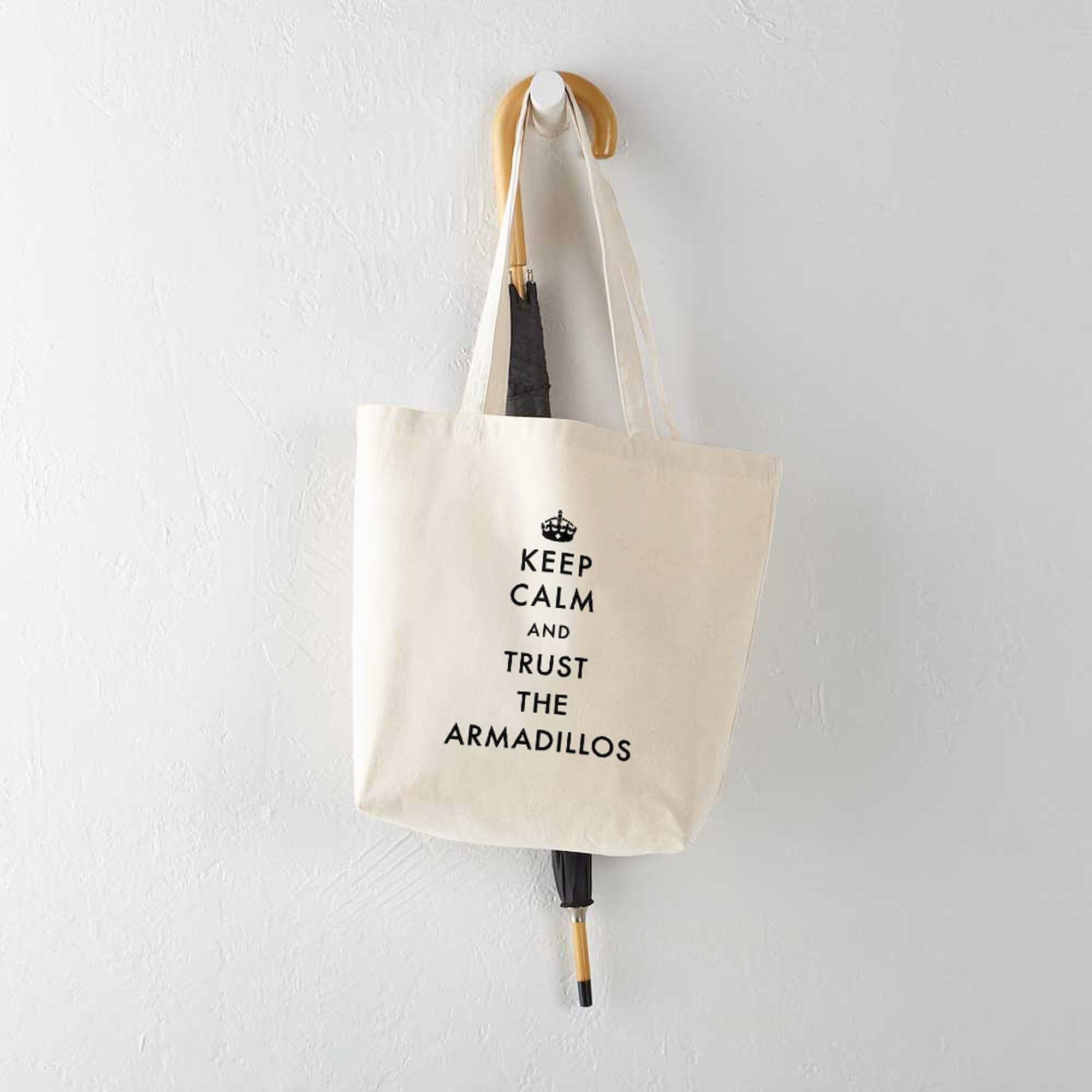 Keep Calm And Trust The Armadillos Natural Canvas Tote Bag - Eco-Friendly Reusable Grocery Shopping Bag for Women & Men - Perfect for Groceries, Beach, Work & Daily Use