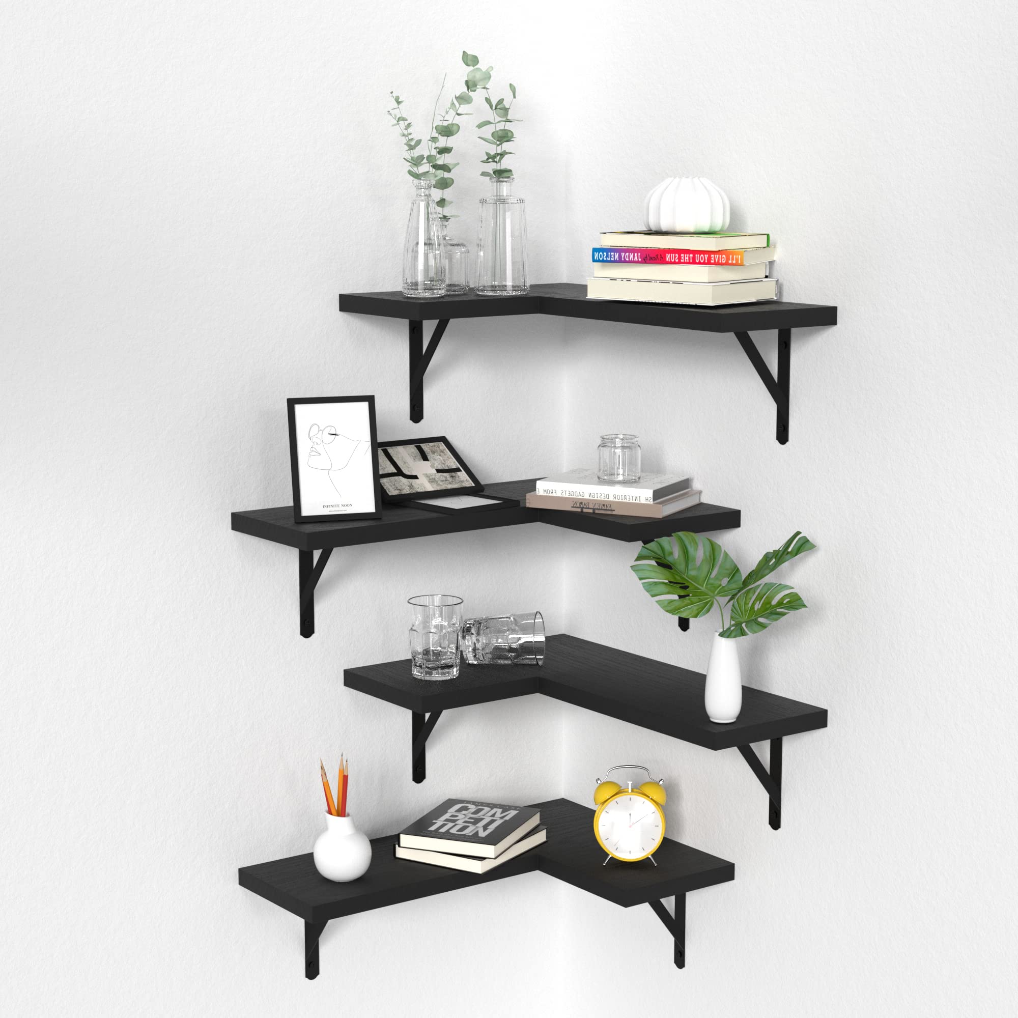 NATURE'S SOURCE Gothic Style Corner Floating Shelves Set of 4 - Wall Mounted Storage for Bedroom, Kitchen, Living Room, Bathroom & Office - Black Wooden Shelves for Home Decor & Organization
