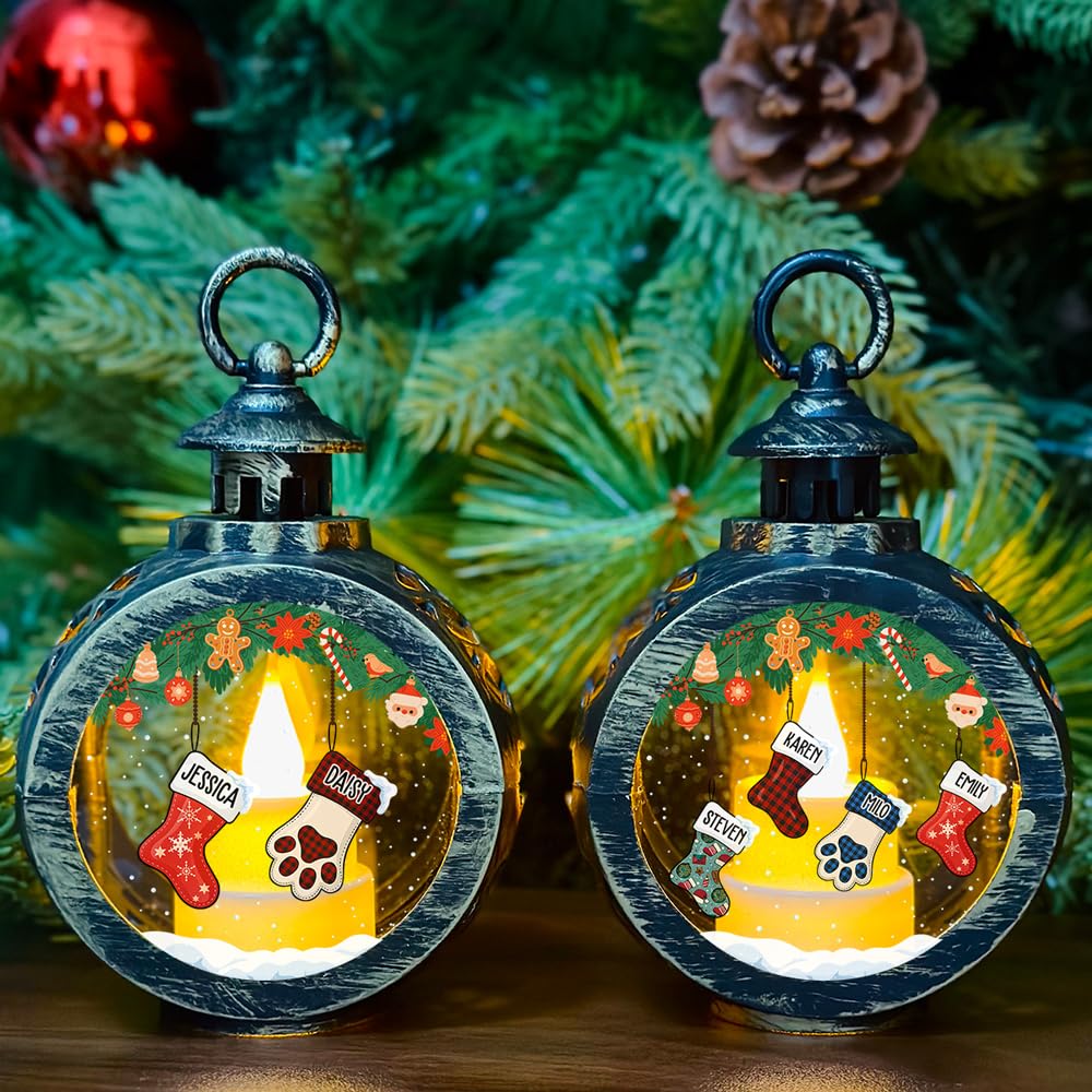 Personalized Christmas Stocking Lantern for Family of 5 - Custom LED Holiday Decor with Names, Festive Fireplace Mantel Decoration, Unique Gift for Christmas Party & Family Gathering