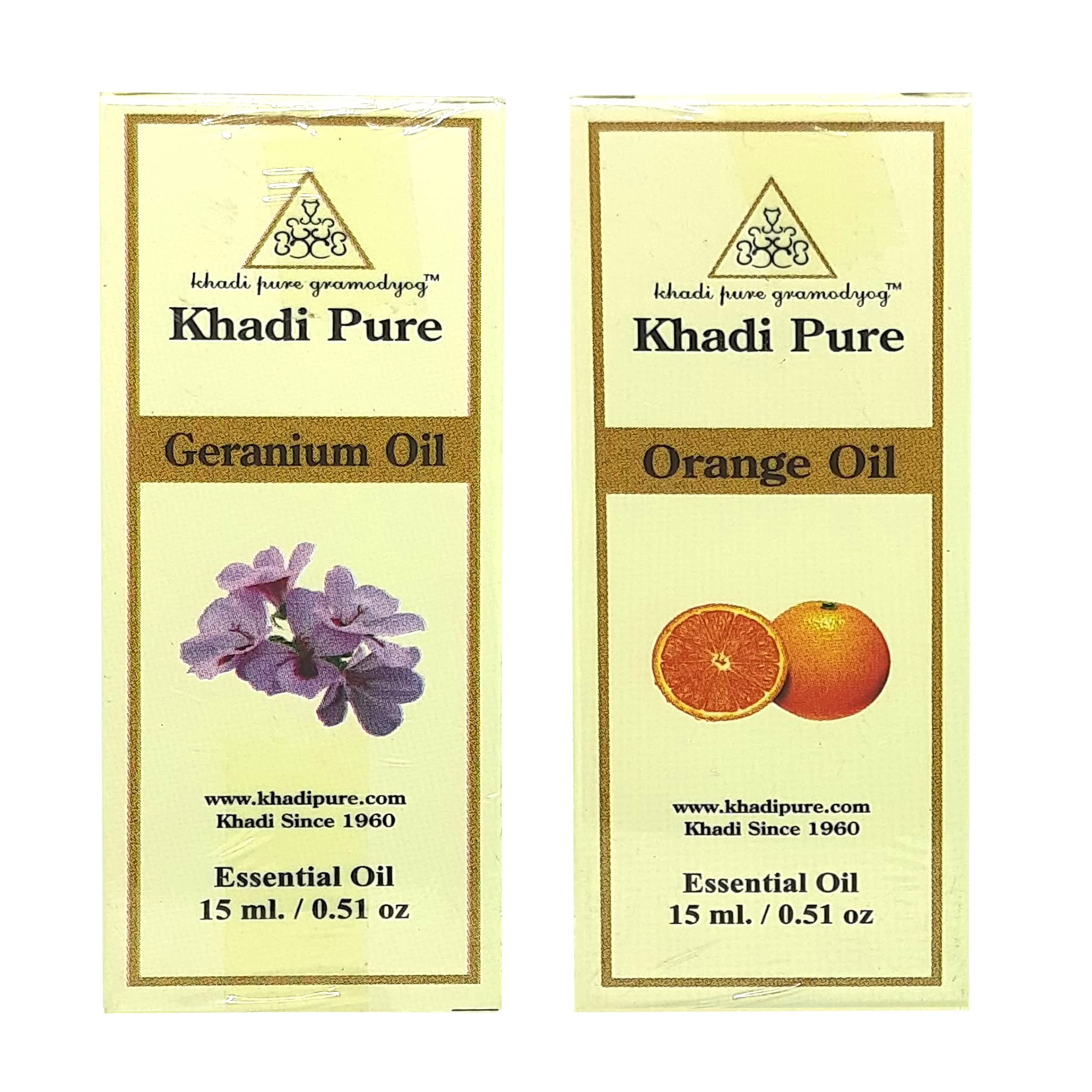 Khadi Pure Geranium & Orange Essential Oil - 15ml (Pack of 2) | 100% Natural Aromatherapy Oil for Relaxation, Stress Relief & Skin Care | Perfect for Diffusers, Massage & DIY Beauty Products